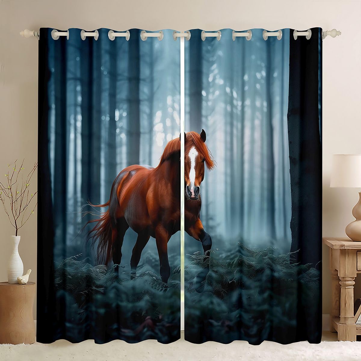 Loussiesd Blue Brown Horse - Trattamenti per finestre, 2 pannelli W46*L54