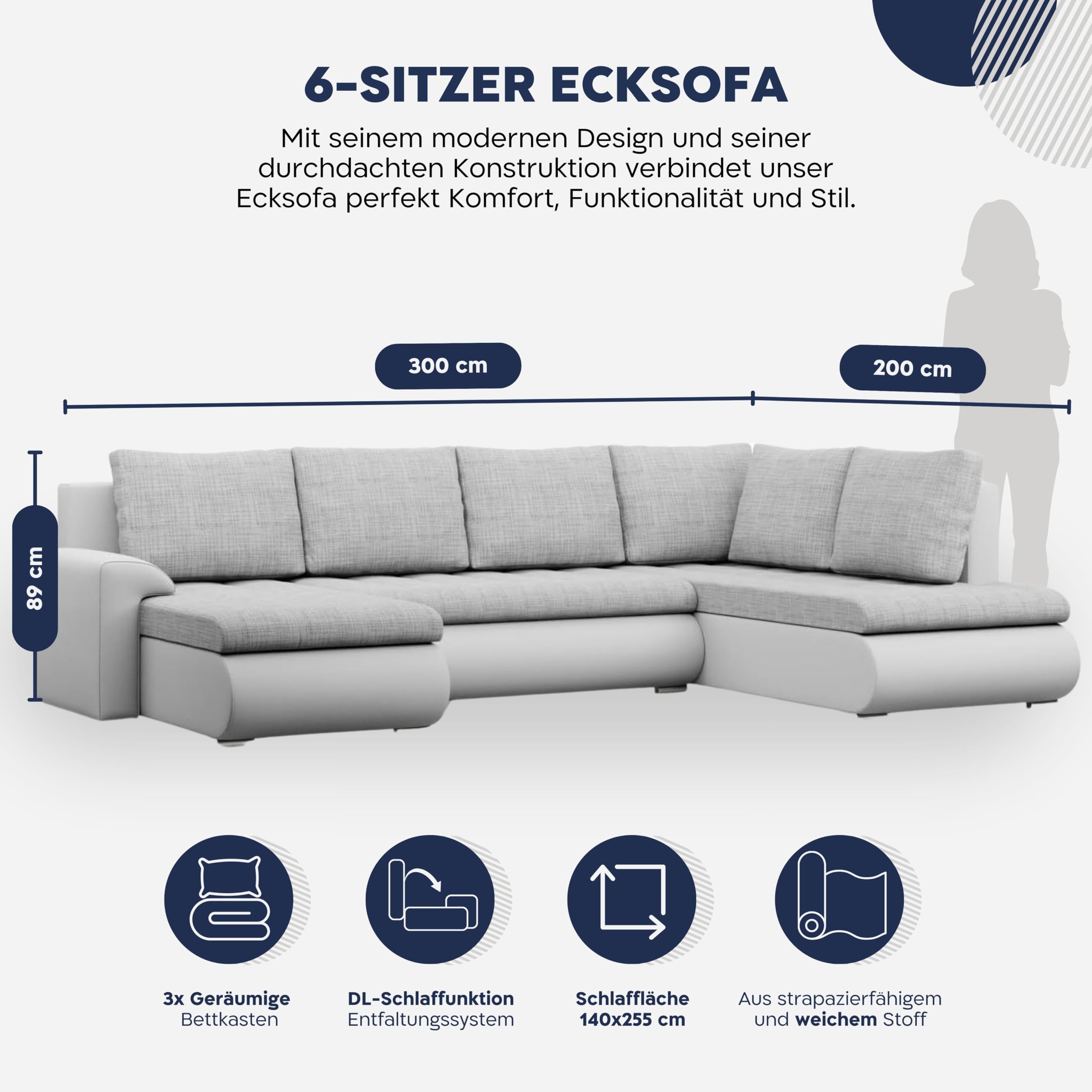 Mebligo - Ecksofa mit Schlaffunktion und 3 Bettkasten FORESTA 300x89x200 (BxHxT) Dunkelgrau + Schwarz - Ottomane Rechts Eckcouch, Couch U Form, Sofa Wohnzimmer, Sofas & Couches, Eckschlafsofa