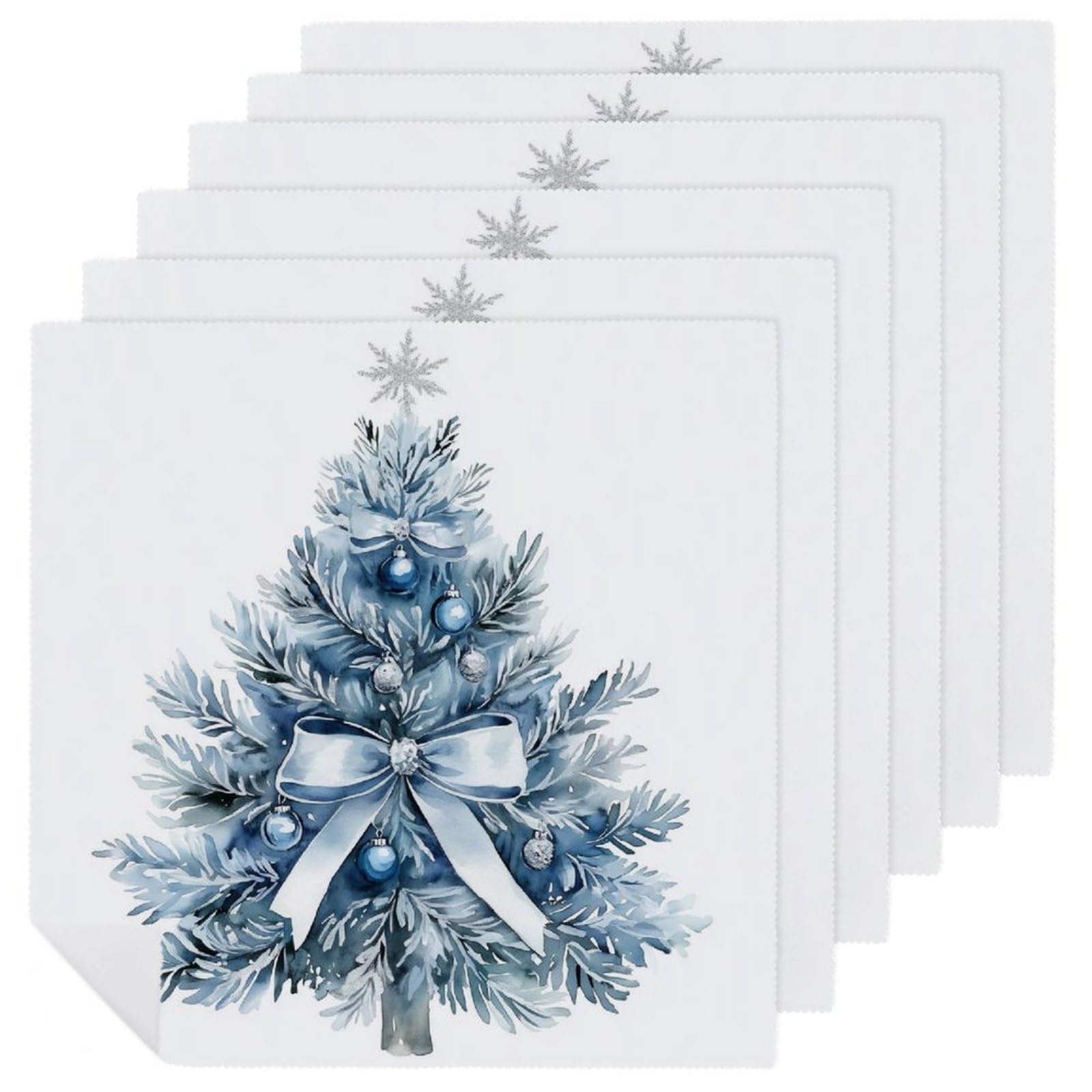 Christmas Tree Blue And Silver Cloth Napkins Set of 6, Square Premium Reusable Washable Polyester Table Linen Napkin for Dinner Party
