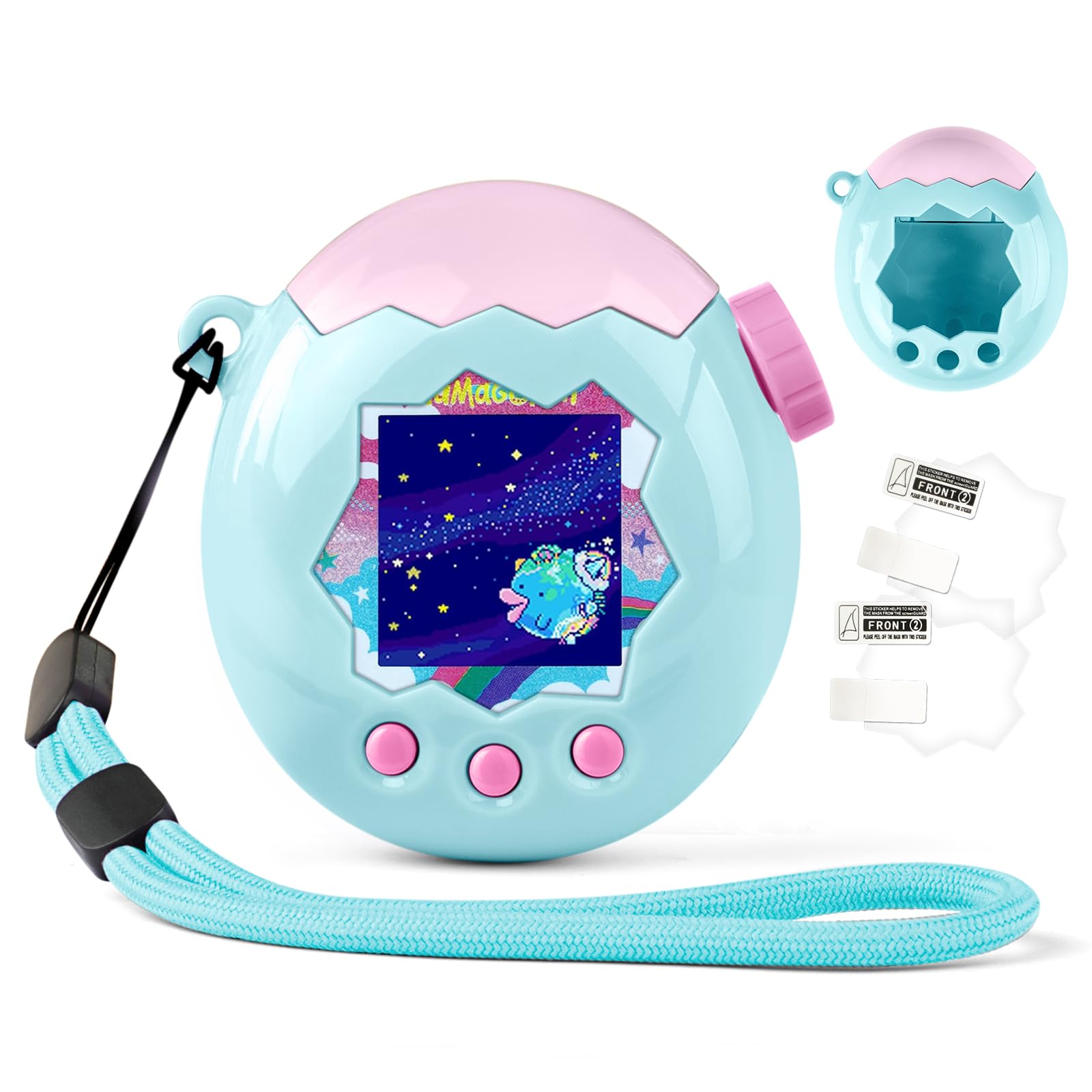 Coque pour Tamagotchi Paradise Electronic Pet - Lot de 2 films de protection d'écran en polycarbonate résistant aux chocs avec lanière pour jouet Tamagotchi Paradise (bleu)