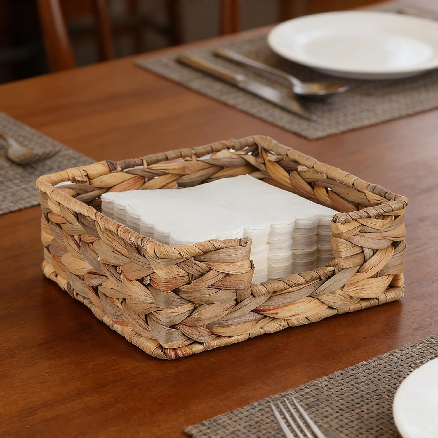 Woven Napkin Holder Set 2pcs, Square 18x18x7cm Paper Towel Dispenser, Seagrass Storage Box for Table and Restaurant Use