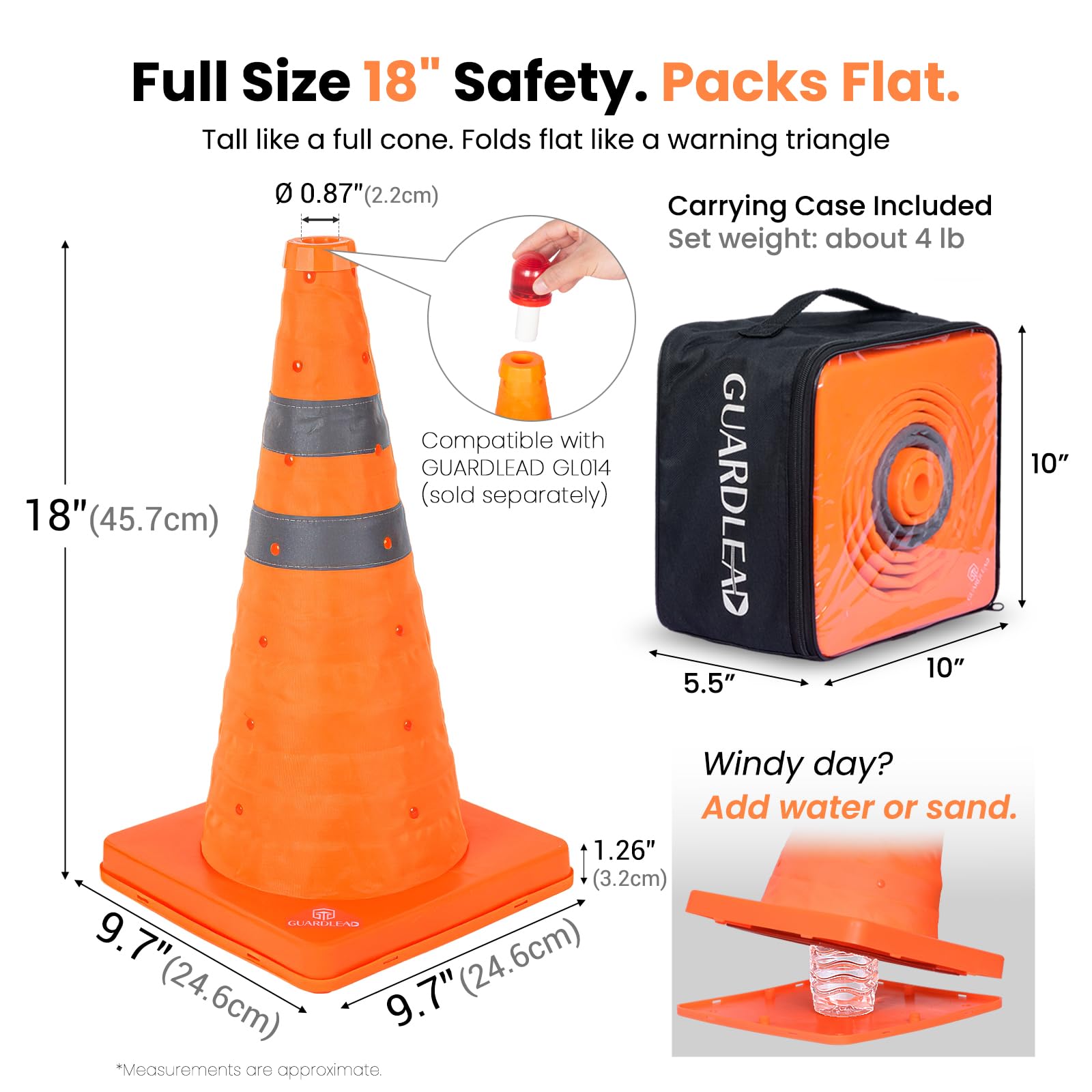 Paquete de 4 Conos de Tráfico Plegables de 45cm (18 pulgadas), Conos de Seguridad Vial con Cuellos Reflectantes, Cono de Tráfico de GUARDLEAD para Aplicaciones de Tránsito y Seguridad
