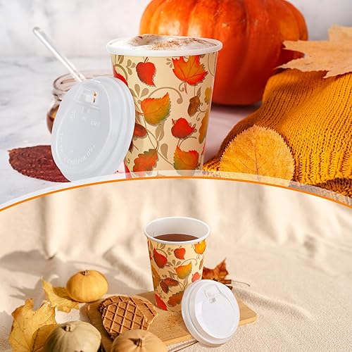Miniatura 7 de Umigy 120 tazas de café desechables de otoño de 12 onzas con tapas, tazas de papel de otoño, hojas de arce, tazas de papel para bebidas de otoño