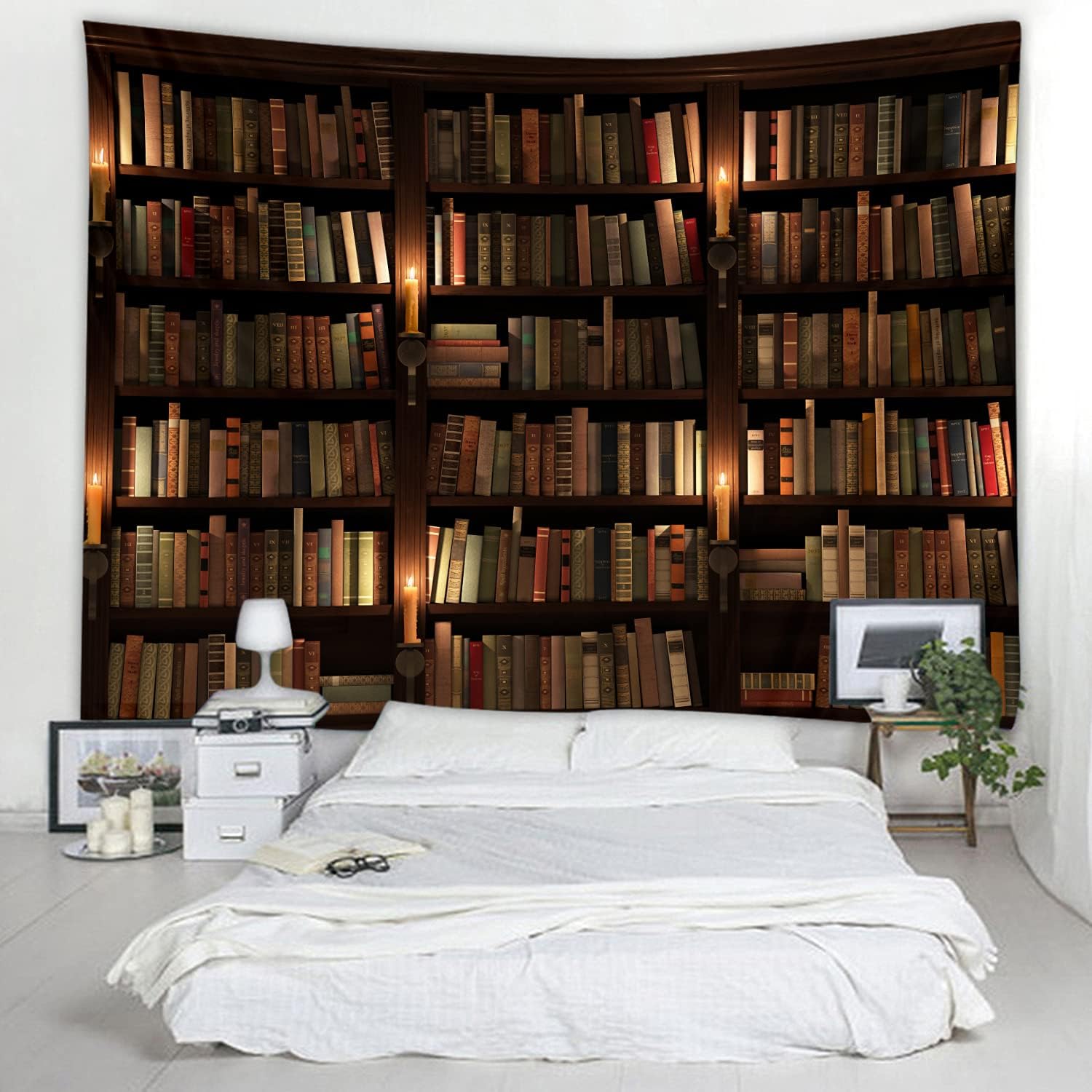Old Bookshelf Candle Print Fabric Tapestry Decorative Wall Art Tablecloth Bedspread Picnic Blanket Beach Throw Blanket Multifunctional for Bedroom Hall Dormitory Living Room Hanging 79 x 59 inches