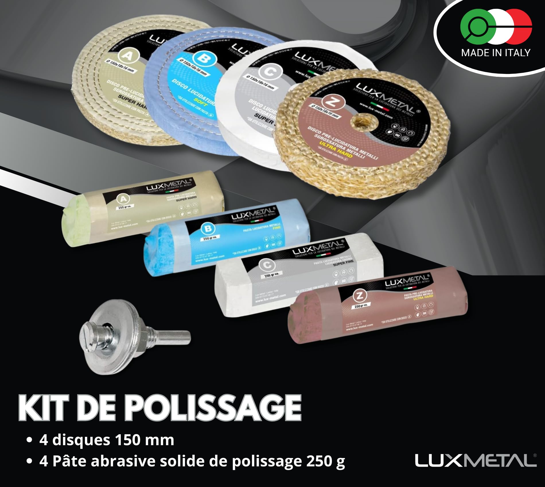 Kit 4 Disques de Polissage de 150 mm et 4 Pâtes Abrasives de 250 gr - Parfaits pour polir des métaux tels que l'aluminium, le fer, l'acier inoxydable, le laiton, le cuivre, l'or, le marbre
