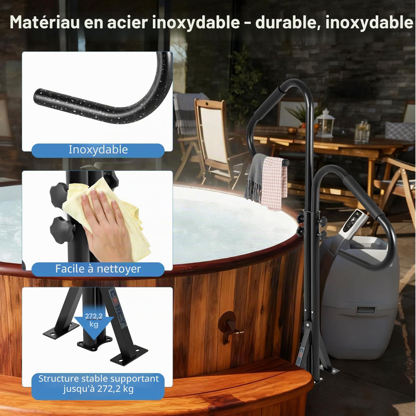 CXRCY Poignées de jacuzzi à deux sens, technologie de prévention de la rouille par revêtement électrophoretique, rotation à 360° & hauteur réglable de 104 cm à 137 cm, poignée latérale pour spa de 600