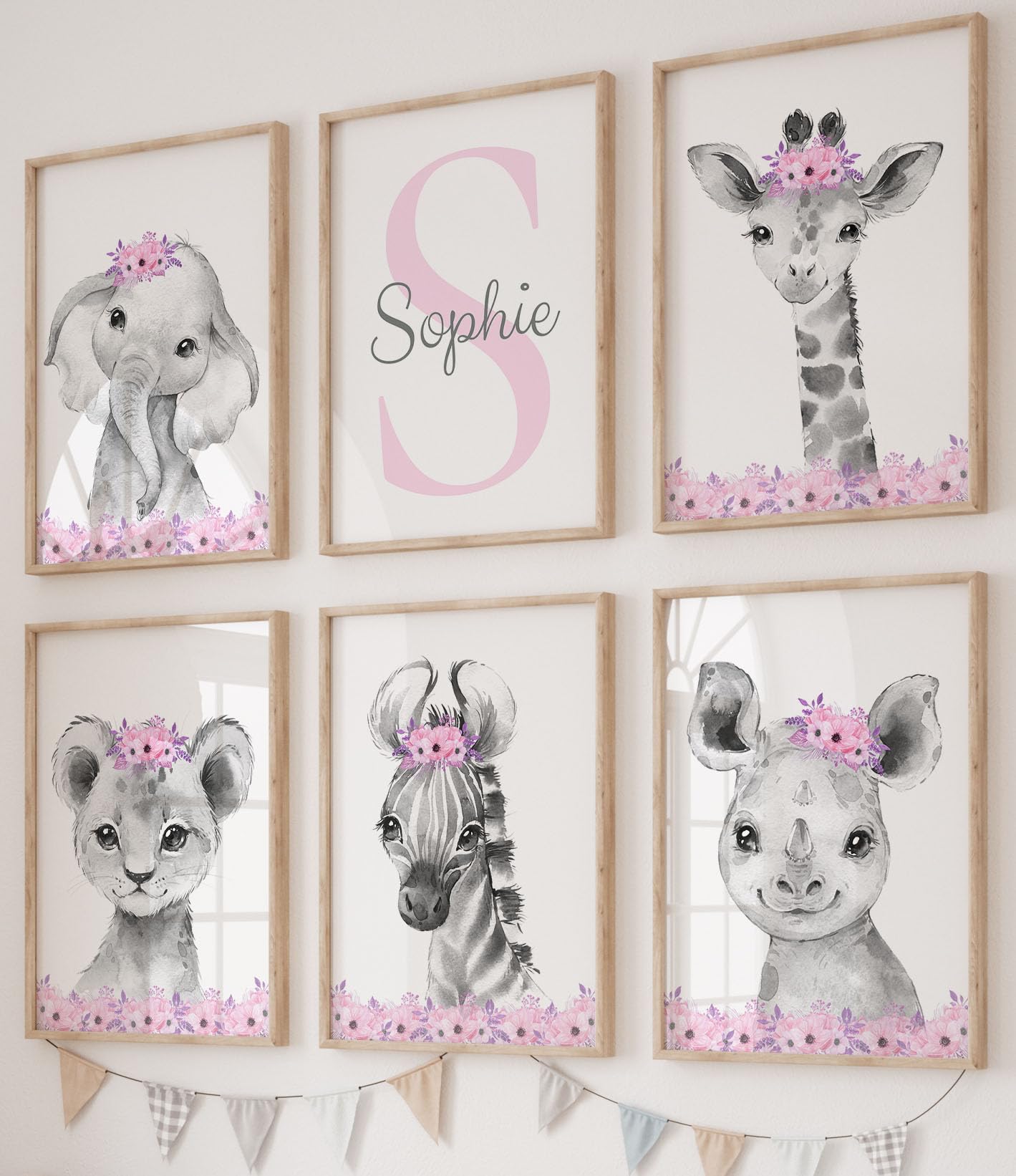 Safari Animals Baby Girls Nursery Bedroom Prints Unframed Set of 6 Personalised, Purple or Pink Flowers, Wall Art Decor Gift Present in Grey, Giraffe Elephant Lion Zebra Koala (A3)