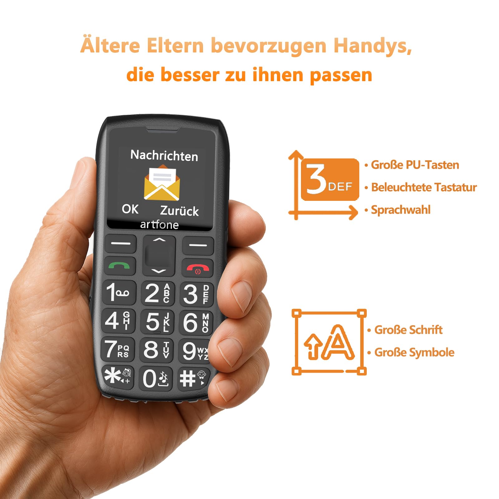 artfone 4G Seniorenhandy ohne Vertrag | Rentner-Handy Große Tasten | Lange Standby-Zeit | Tastenhandy mit Notruftaste | Ladestation |Nano SIM | USB-C |Volte
