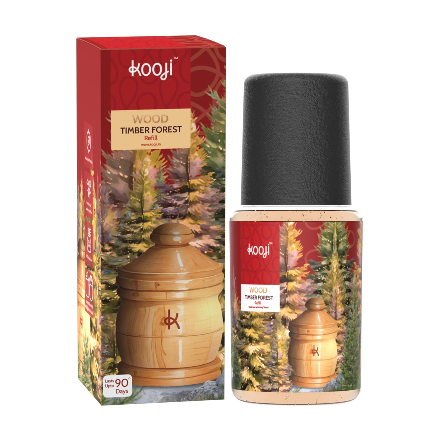 Kooji Wood Car & Home Perfume Refill - 12ml - Timber Forest - Premium Freshener - Cedarwood, Pine & Moss Notes - 100% Indian Ingredients - Long-Lasting Aroma - Up to 90 Days