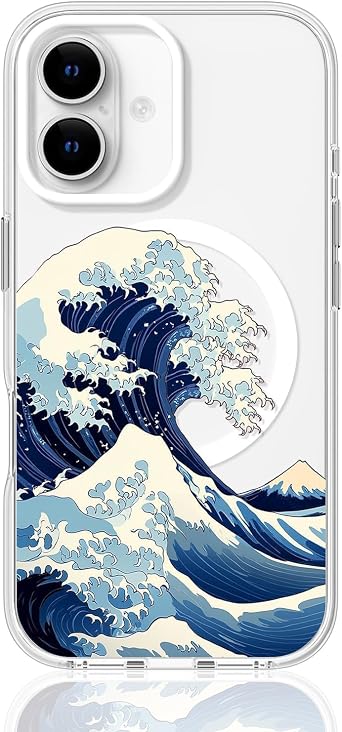 Clear Phone Case for iPhone 16 Compatible with Magsafe, The Great Wave Japanese Anime Summer Kanagawa Ocean Surf Beach Art Design Magnetic Shock Proof Heavy-Duty Protection for Men Boy Women