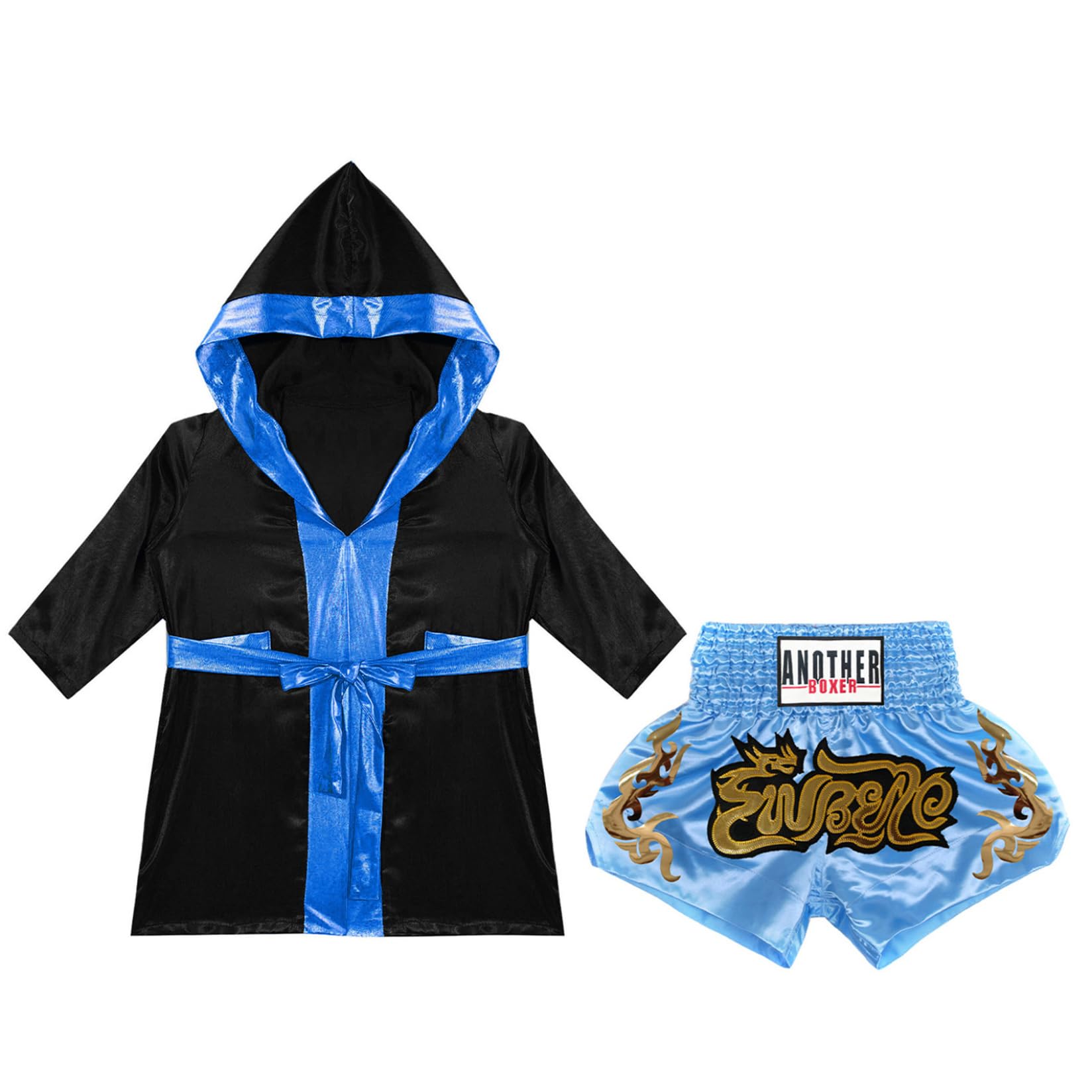 Runhomal Dziecięcy chłopiec zestaw Muay Thai boks strój z szortami MMA szlafrok bojowy Muay Thai kick boks 5-16 lat