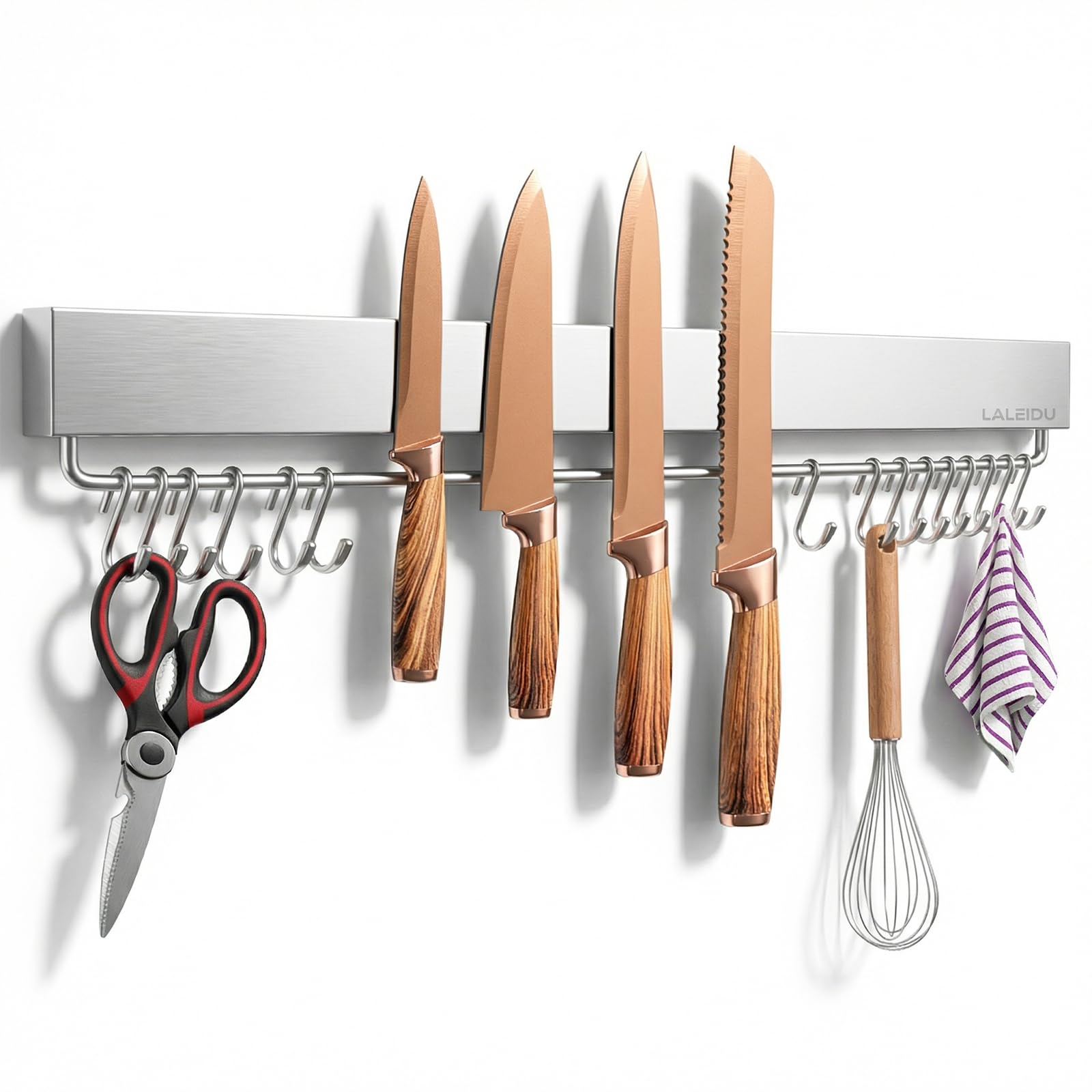 Magnetleiste Messer 59 CM - Starker Magnetischer Messerhalter mit Klebeband/Schrauben/ 15 Haken - Edelstahl Magnet Messerhalter für Messer, Unbestückte Messerblöck