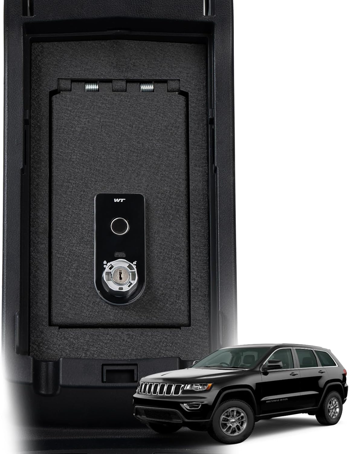 Center Console Safe, Gun Safe Vault Lock Box Compatible with Jeep Grand Cherokee without CD Player 2011-2022, Fingerprint Lock with Key.