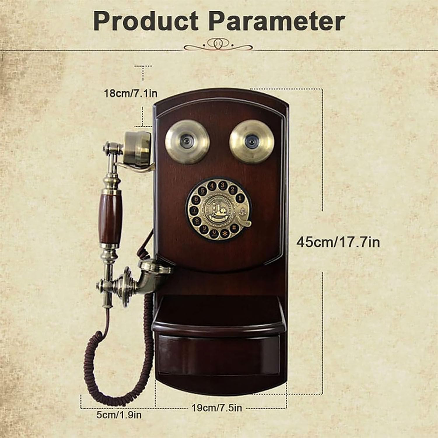 Drewniany telefon ścienny w stylu vintage, z obrotową tarczą, funkcja połączeń bez użycia rąk, dekoracja retro, do domu, salonu, biura, kawiarni