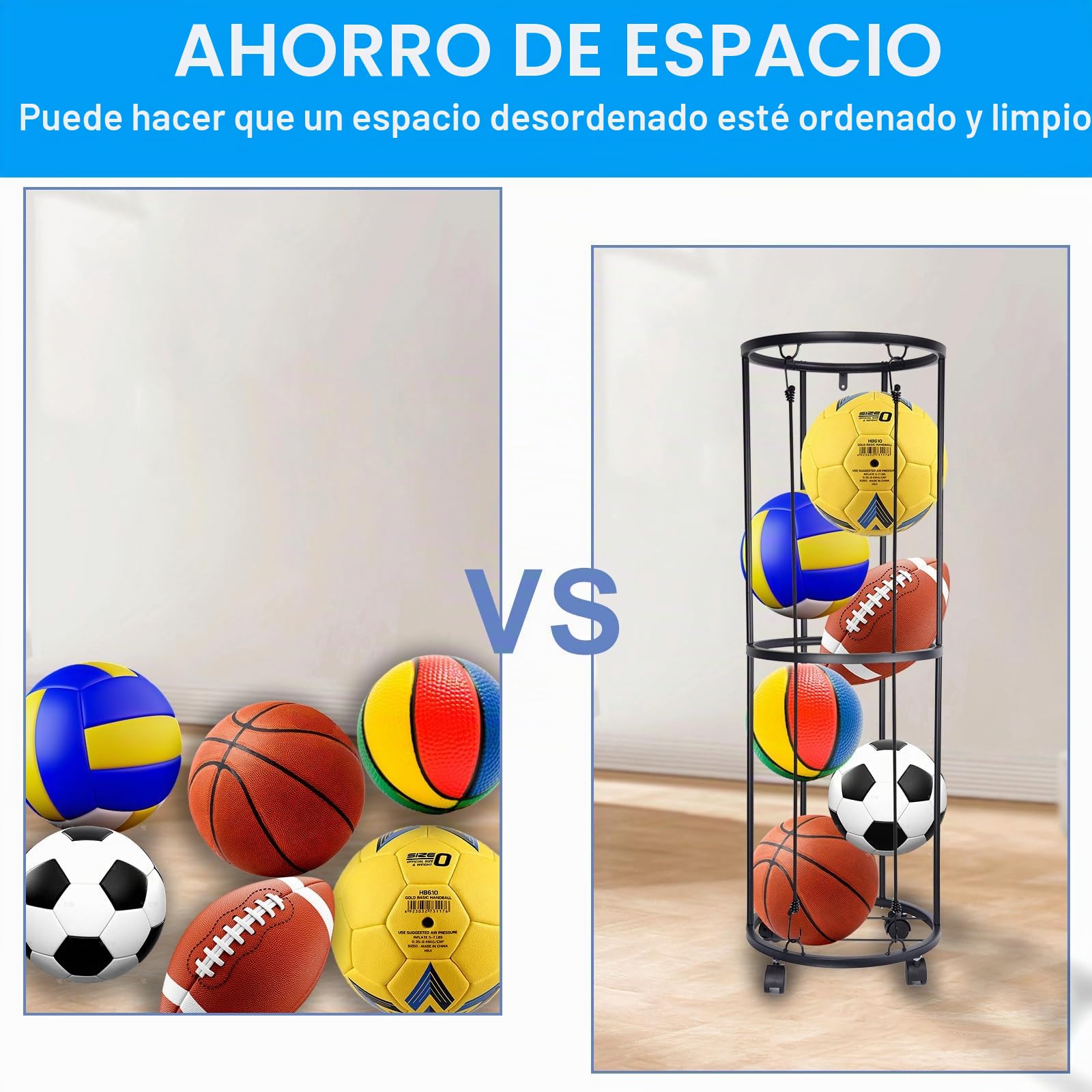 Rack Vertical de balones de 2 Niveles con Ruedas, Estante de Almacenamiento de balones Deportivos, Organizador de Almacenamiento de balones Deportivos para Garaje Que Ahorra Espacio