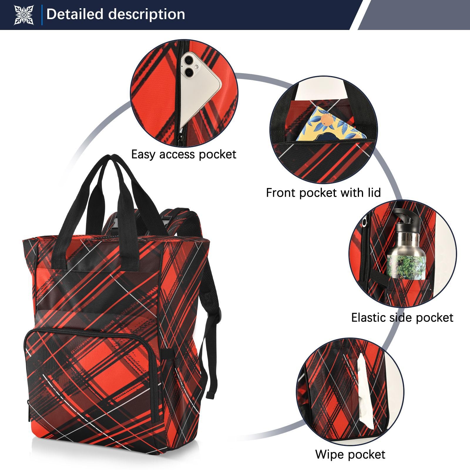 Arte De LíNea Roja Negra Abstracta Bolsa de Pañales Mochila de Viaje Gran Capacidad Bolsas para Mamá Papá Mujeres Niñas