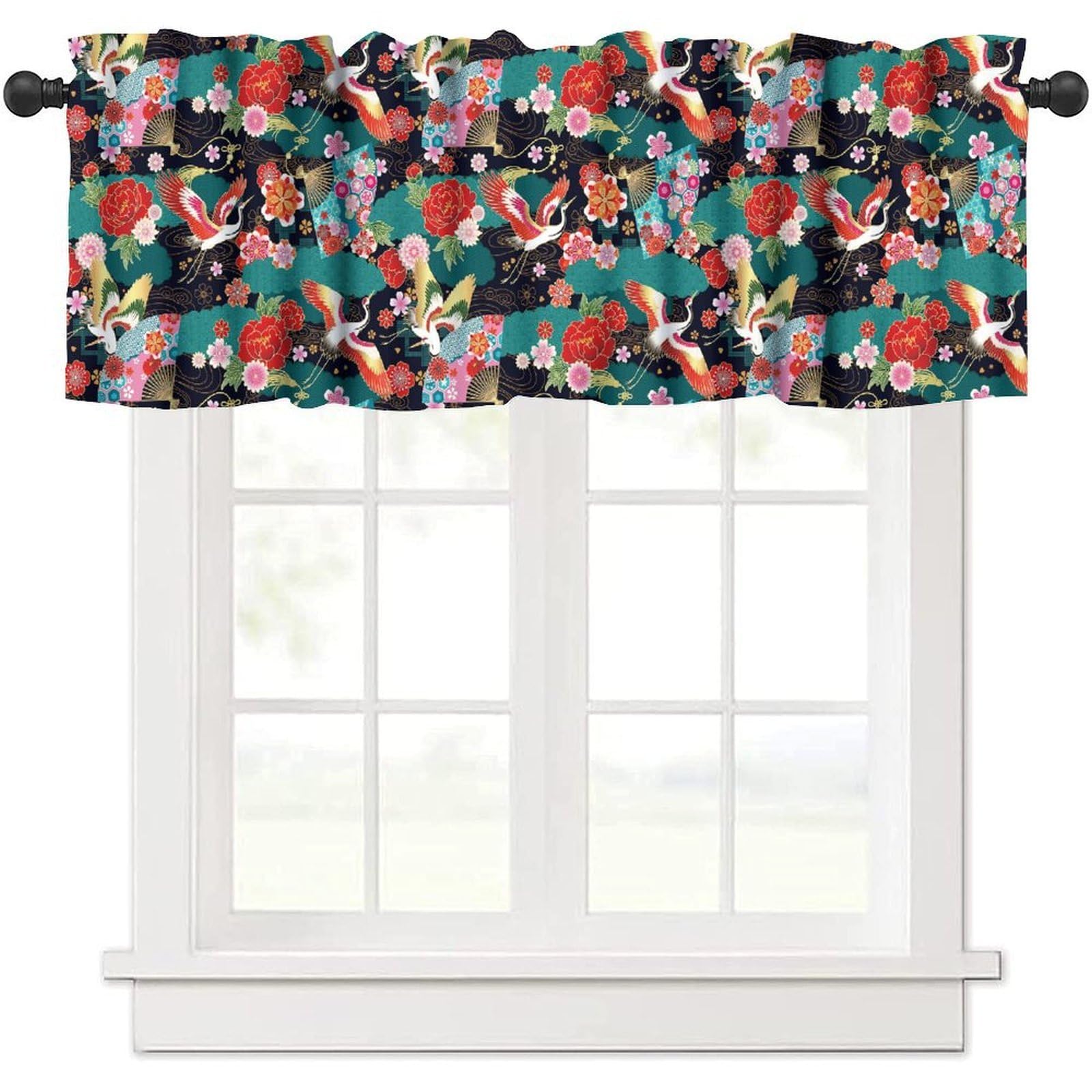 moderw Japanese Crane Valance Curtain Oriental Vintage Asian Chinese Traditional Florals Window Treatment Valance for Home Dining Room Kitchen Canteens Party 54x18inch