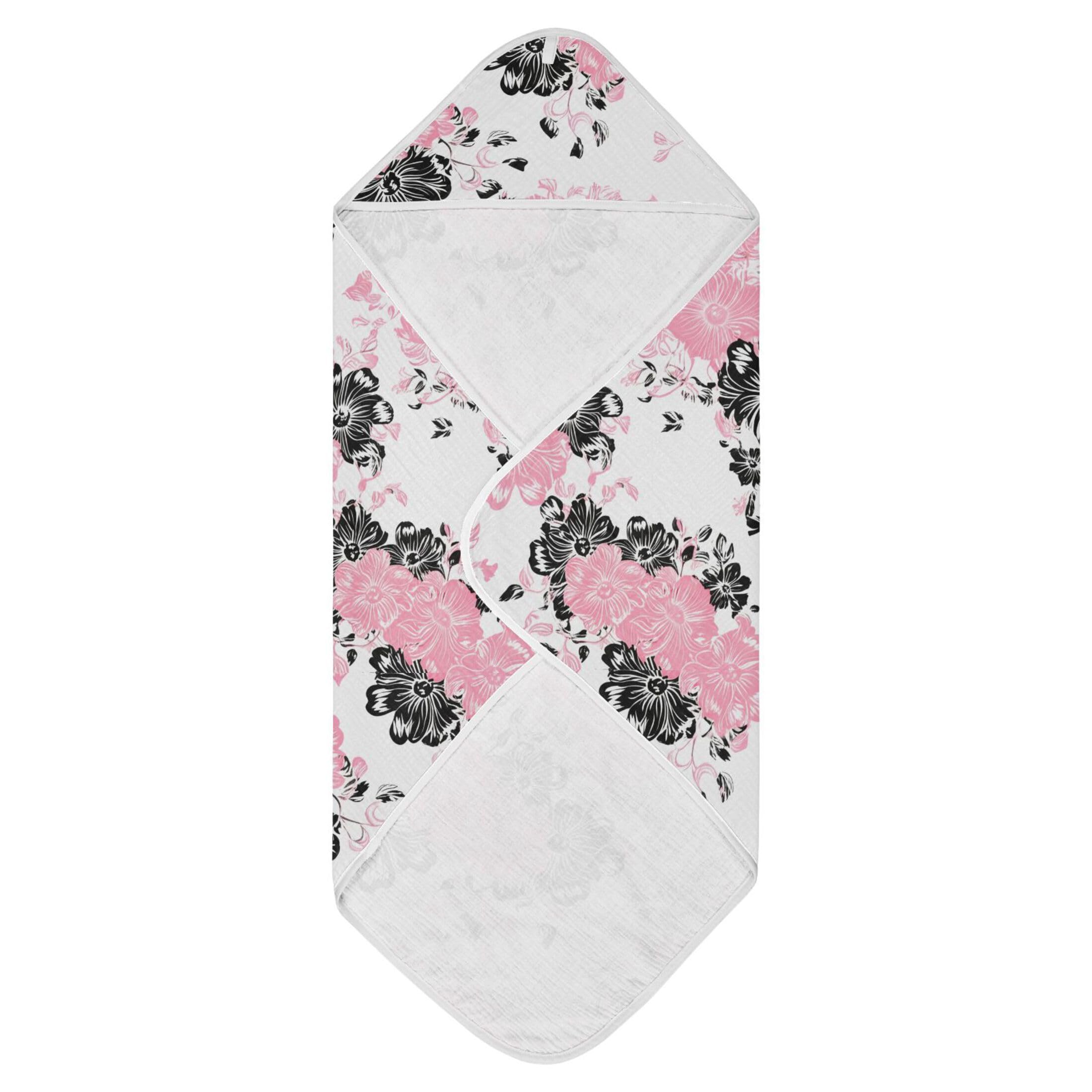 Kigai Baby Hooded Towel Absorbent Baby Bath Shower Towel with Hood for Newborn Boys Girls Babies Infant Toddler (Pink Black Flowers 35 x 35 in)