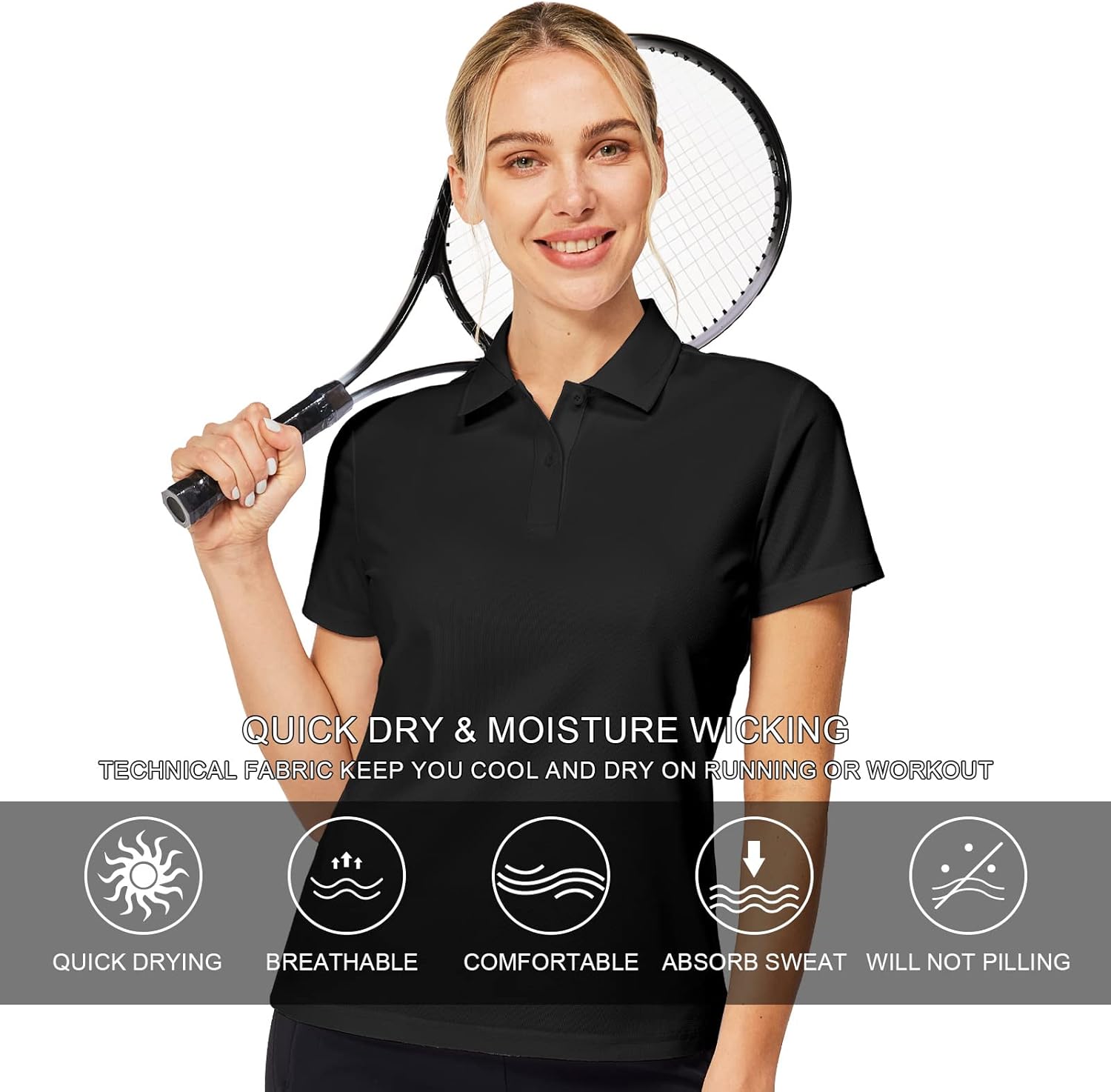 Casei Womens Polo Shirts Golf Shirts Quick Dry Moisture Wicking Black and White Polo Shirt - Image 4