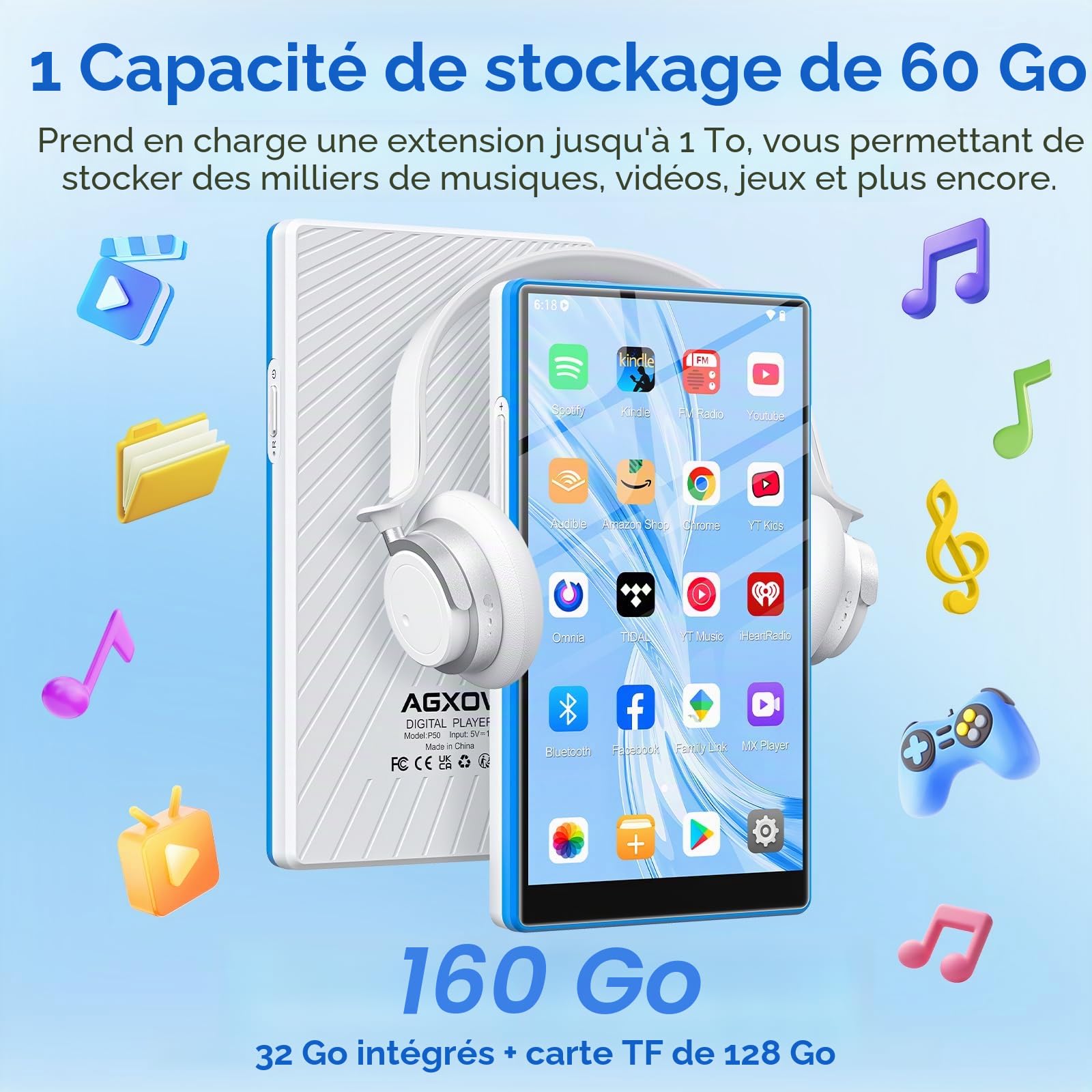96Go Lecteur MP3 avec Bluetooth et WiFi, Lecteur MP4 avec Écran Tactile de 5 Pouces et Haut-parleurs, Baladeur MP3 avec Spotify, Deezer, Amazon Music, Bleu & Blanc