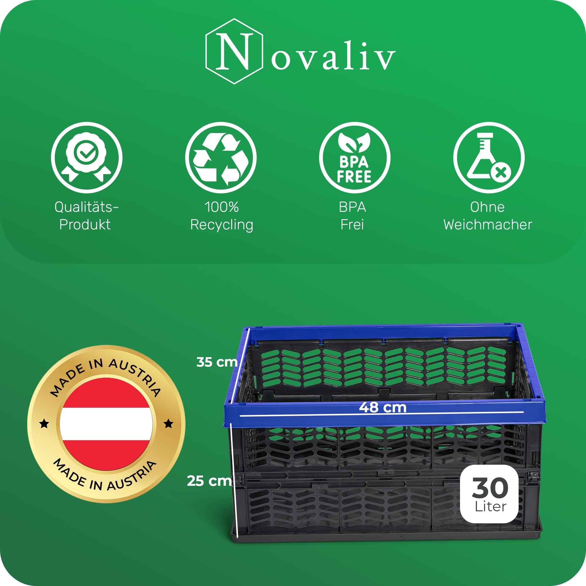 Novaliv Klappboxen faltbar stabil 6x 30L Blau Schwarz baskets Einkaufskiste Klappkisten Set Tragebox Aufbewahrung Einkaufskörbe Körbe Aufbewahrung Küche