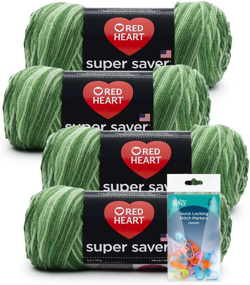 Red Heart Super Saver Yarn (5oz Each Skein) Bundled with Benzy Quick Locking Stitch Markers (20ct) (3 Pack, Zebra)