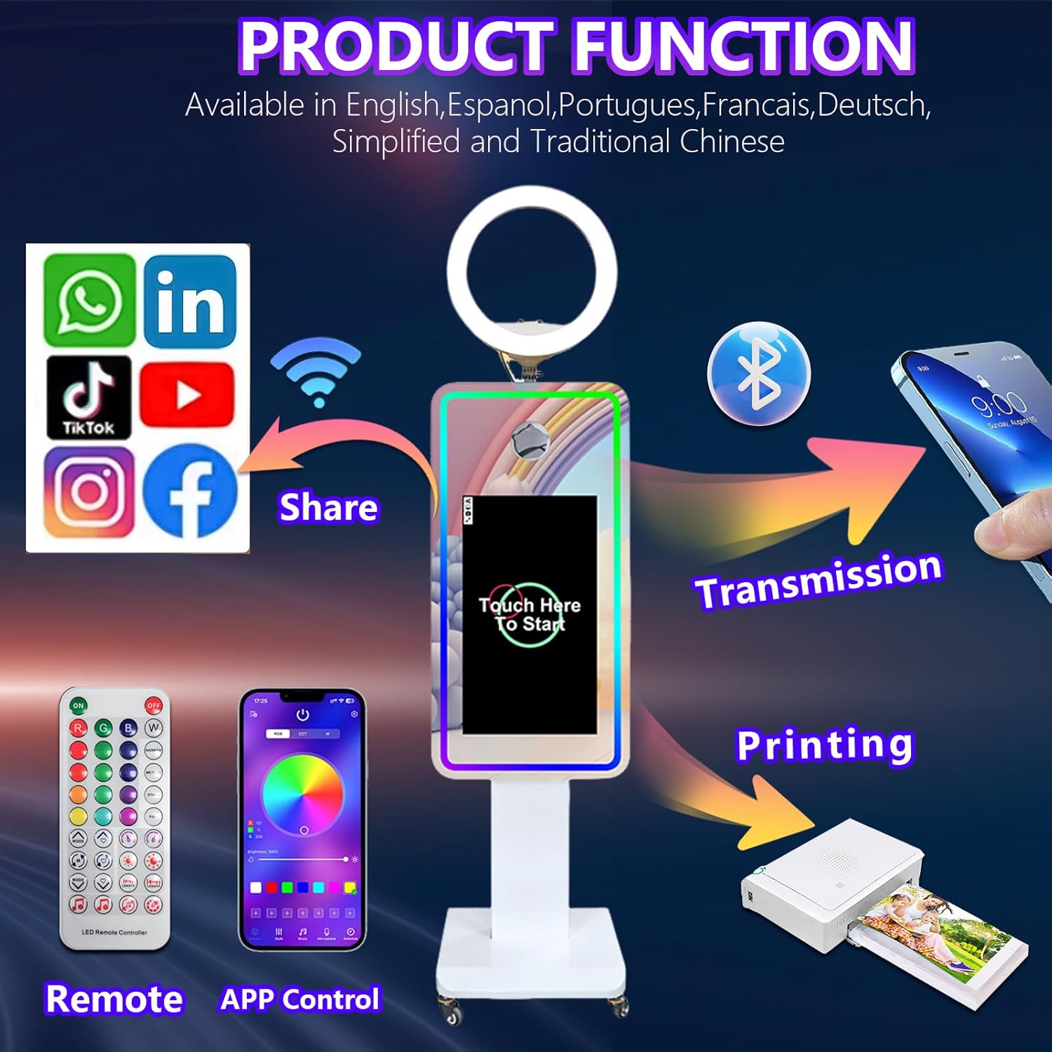 Magic Mirror Photo Booth 21.5" Touch Screen Mirror Photo Booth Selfie Photobooth Machine Ring Light RGB Frame for Event Rental Wedding Party