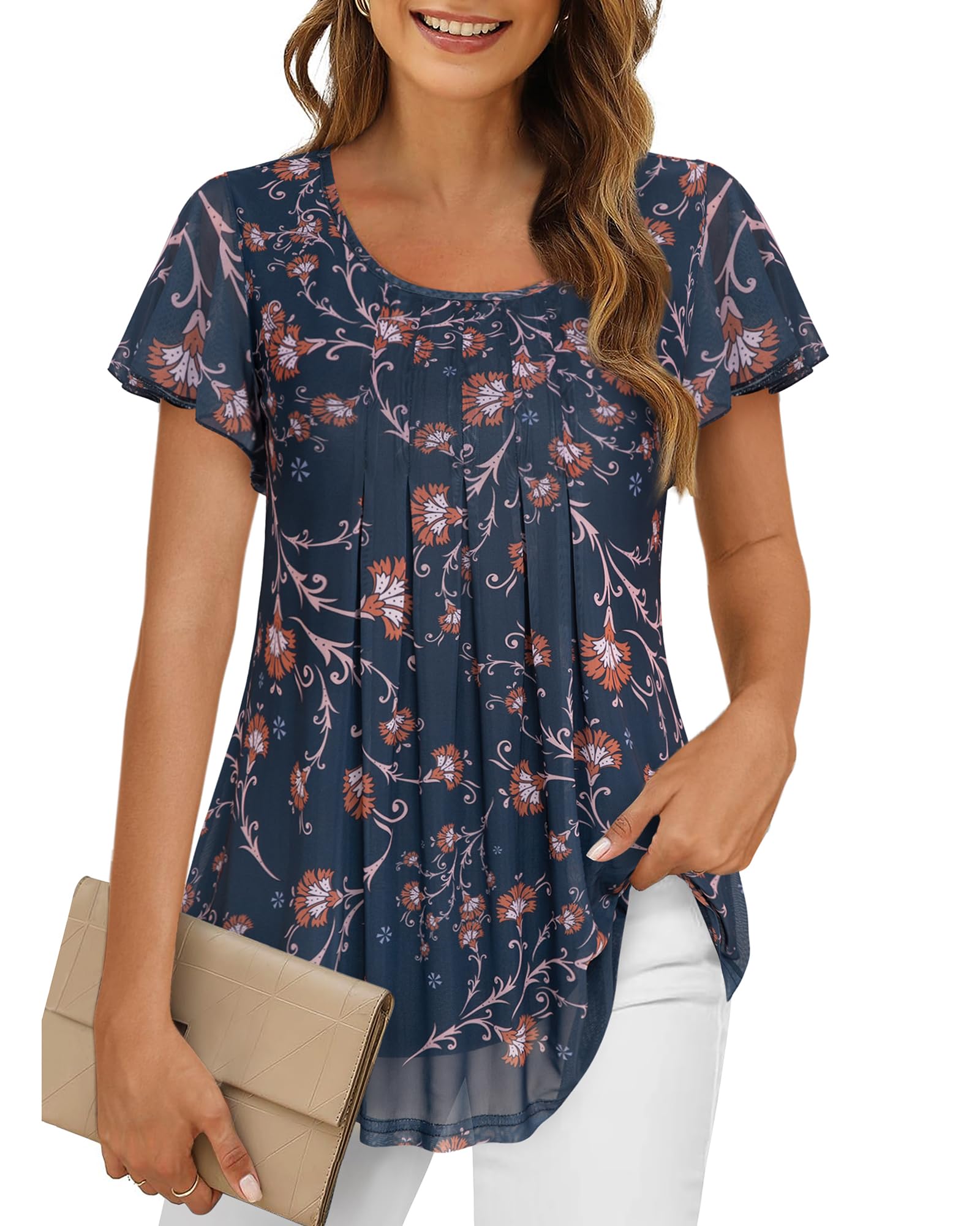 Timeson Tunic Tops to Wear with Leggings,Short Sleeve Ladies Tops and Blouses Womens Dressy Long Shirts Loose Fit Business Casual Tops Fashioon Floral Flowy Sheer Modlily Office Work Blue Orange S