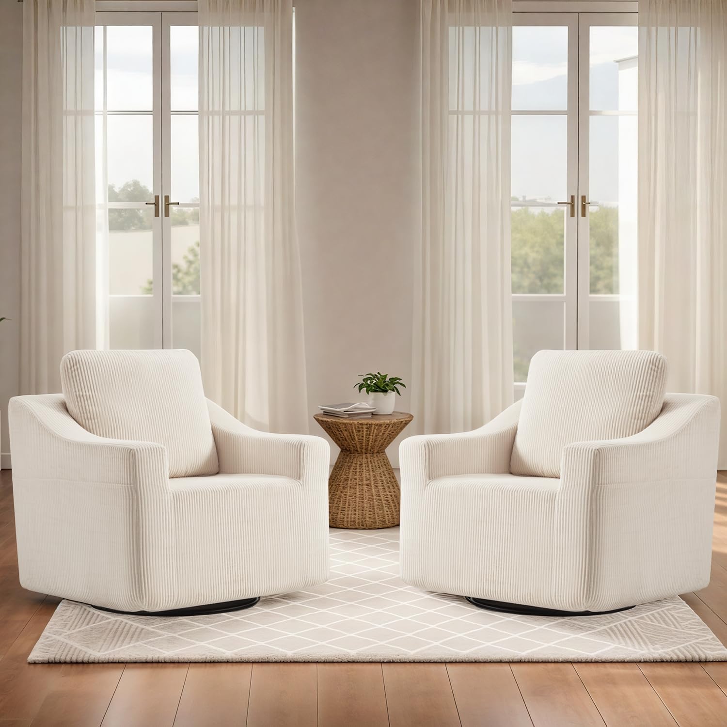 HOMREST Swivel Accent Chair Sets of 2, 360° Rotating Plush Comfy Armchairs with Storage Pocket, Beige Reading Chair for Bedroom Living Room Lounge