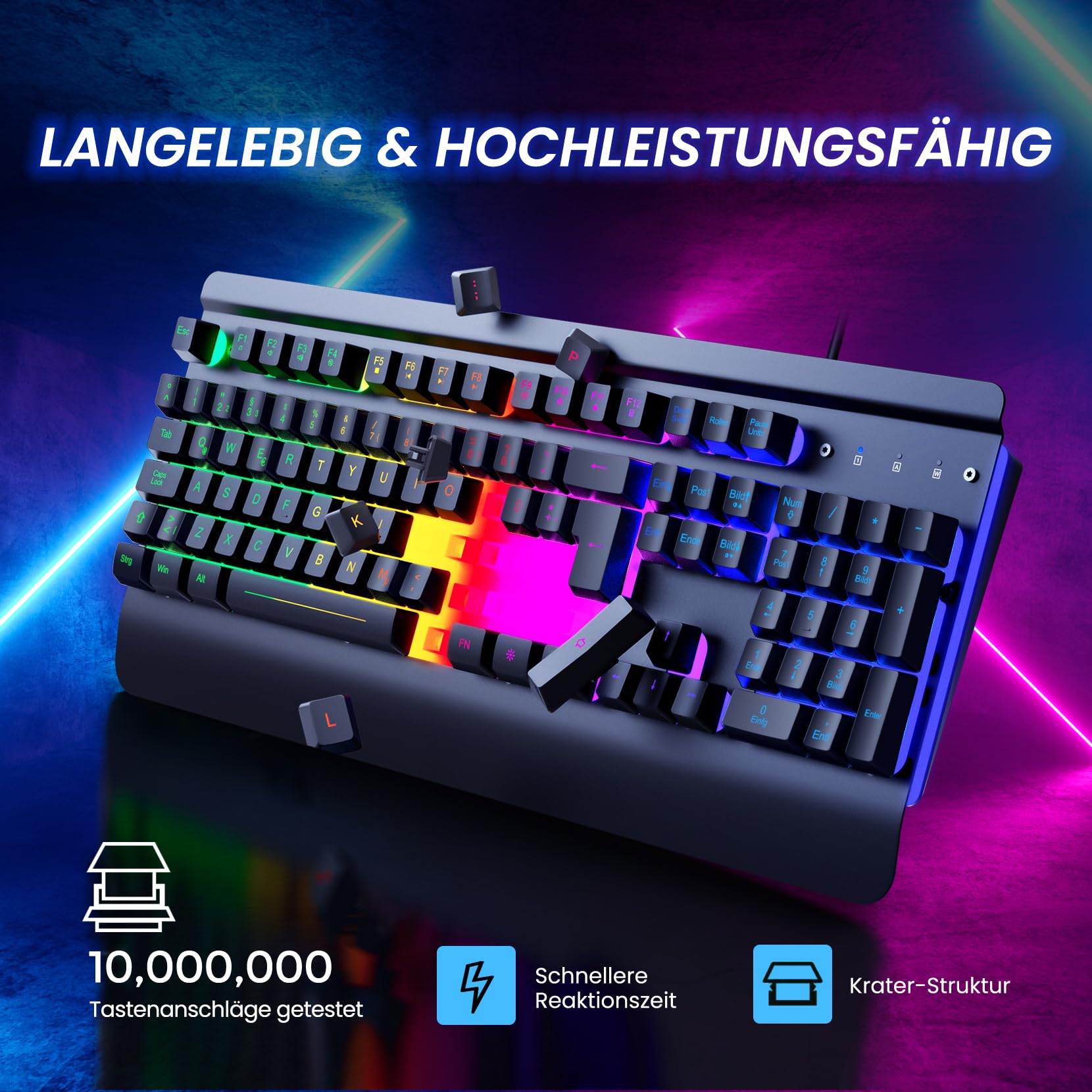 RisoPhy Gaming Tastatur, QWERTZ, Vollmetallgehäuse, Regenbogen-LED-Hintergrundbeleuchtung, Leise Computer Tastatur, Handballenauflage, Beleuchtet Tastatur mit Kabel USB für PC und Mac Gamer