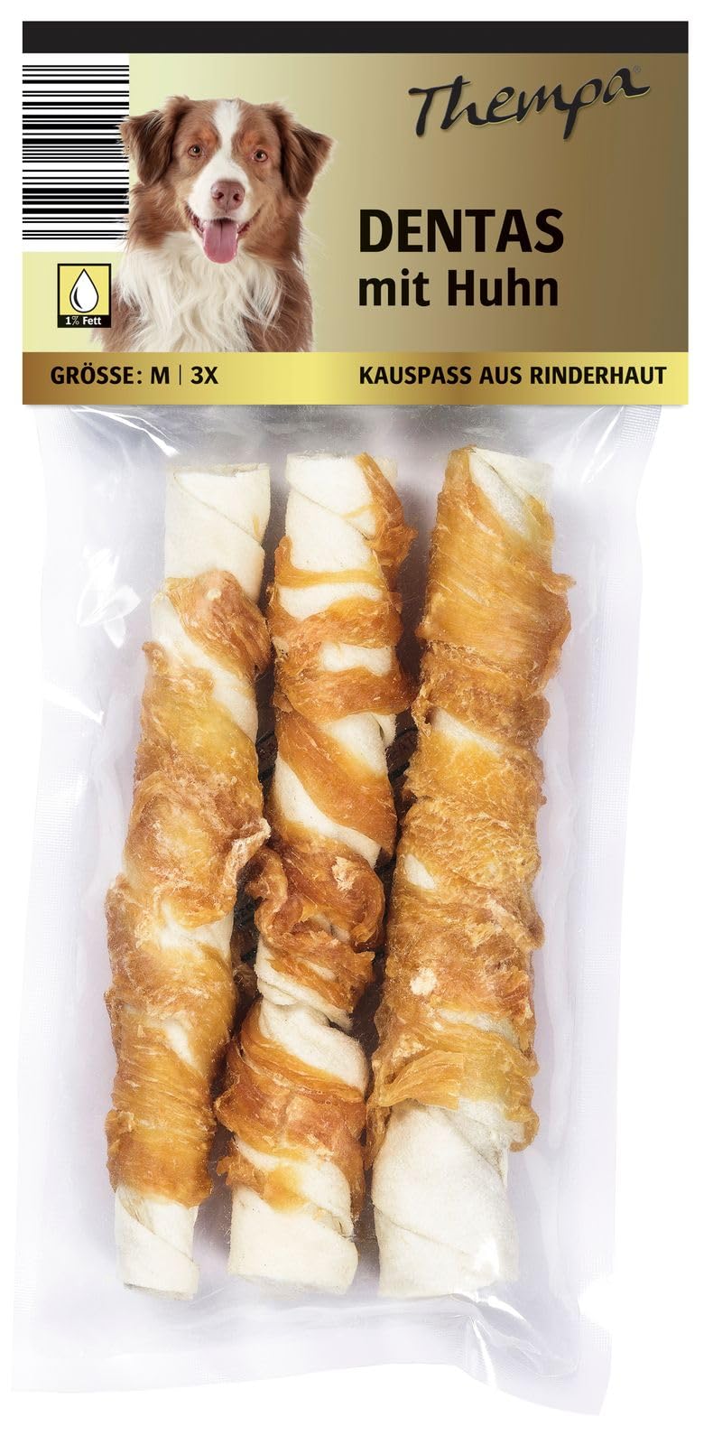 Thempa Denta - Carrete para masticar (24 unidades, 120 g, piel de vacuno con pollo, 72 palos)