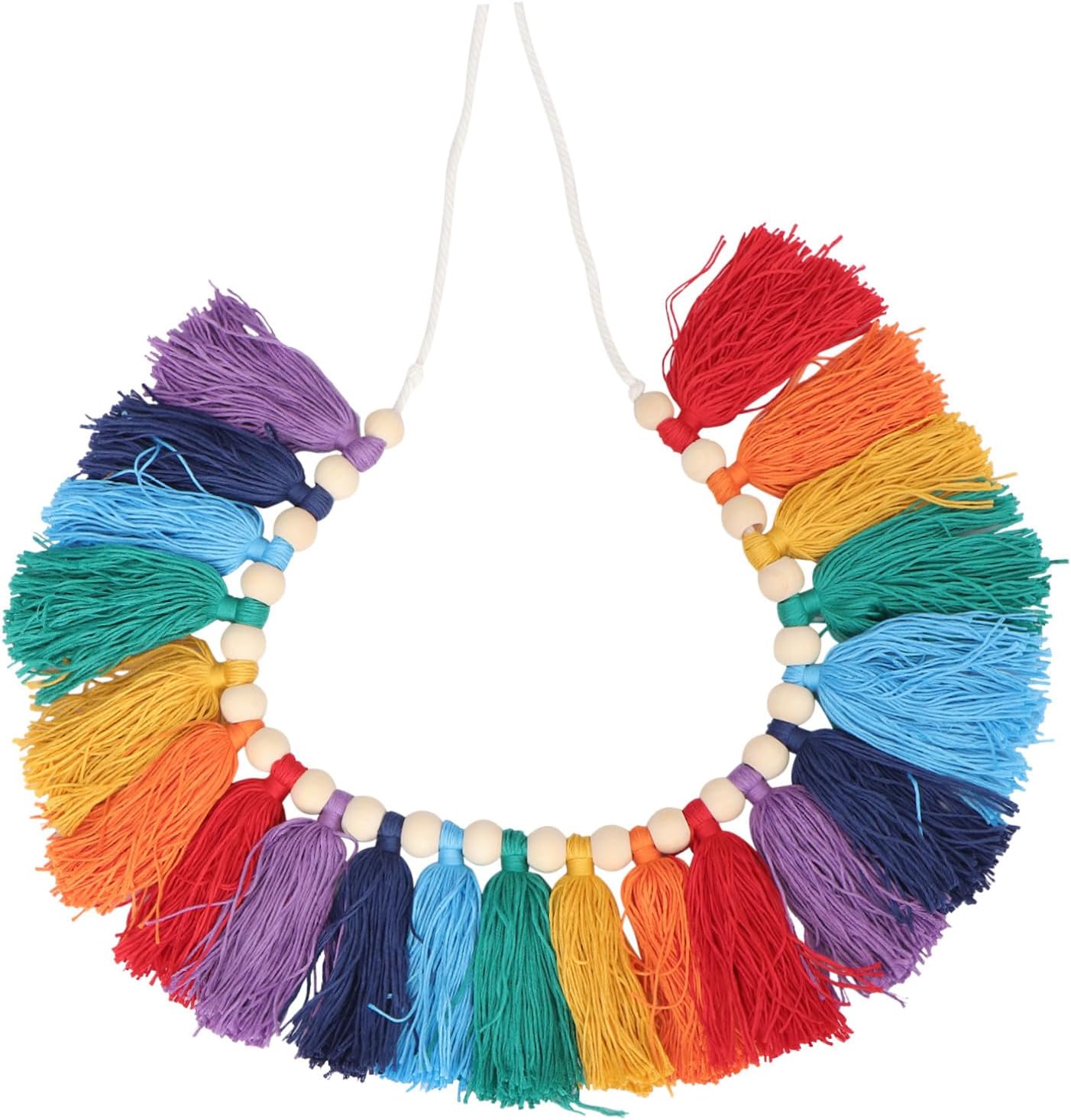 Colorful Wood Bead Tassel Wall Hanging, Handmade Macrame Cotton Yarn String Home Decor, Bohemian Household Hanging Decoration for Living Room and Bedroom