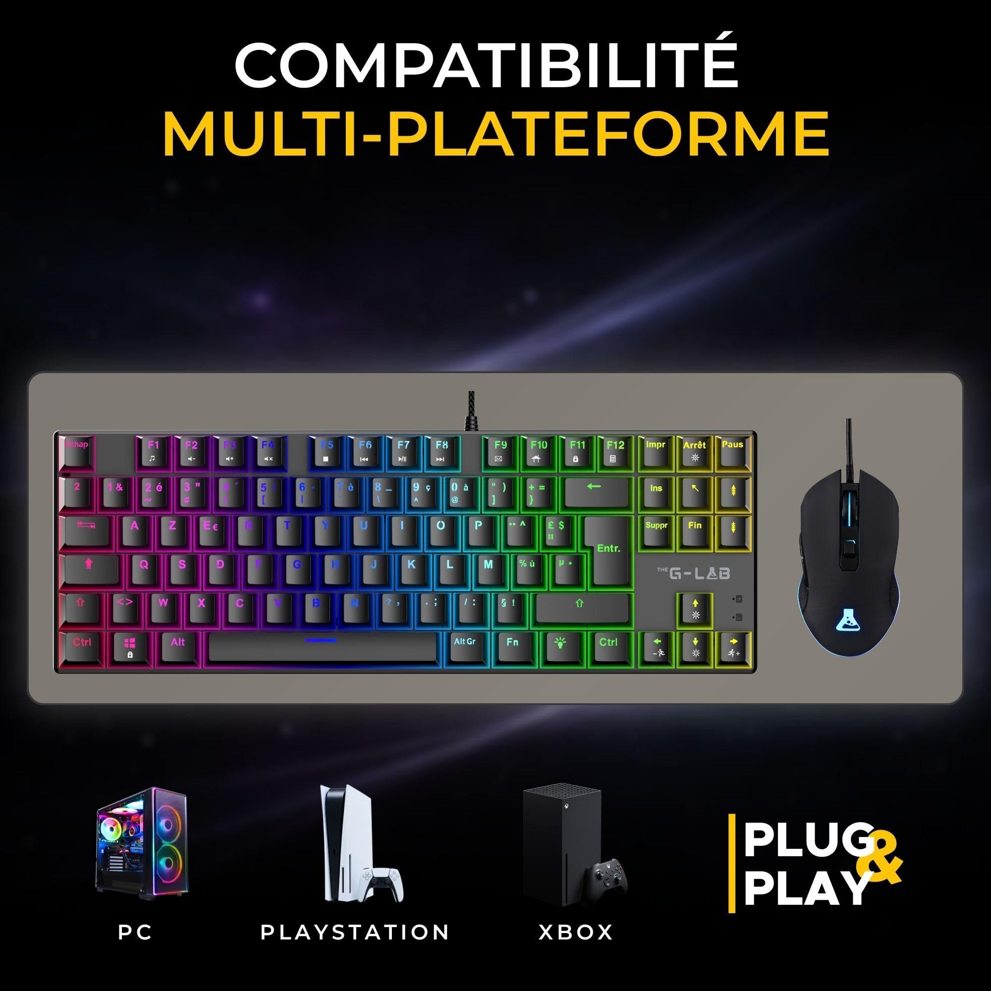 The G-Lab Combo Mercury EX - Paquete de Teclado mecánico TKL y ratón | AZERTY FR, teclado mecánico TKL + ratón Gamer, RGB, compatible con PC/PS4, PS5 y Xbox