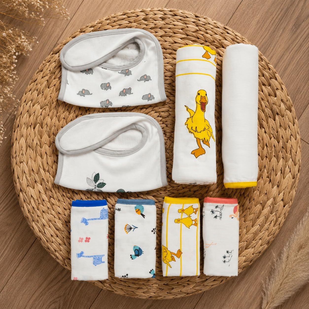 TinyLane - Curated for you! 100% Organic Gift for New Born Baby Boy & Girl, 0 to 6 Months, Pack of 8, Multi Color, Skin Friendly, Winter Special, Baby Shower Gifts (Duck + Plain, Pack of 8)-picture-13