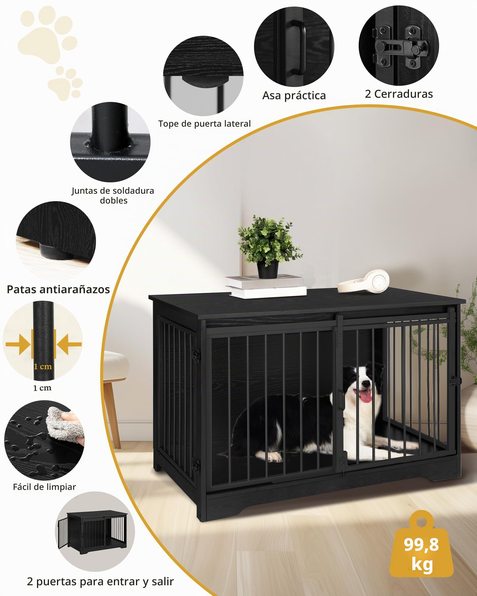 Hzuaneri 100cm Jaula para Perros, Mesa Auxiliar, casa Moderna para Perros, Jaula para Cachorros, dúplex para Animales, 2 Puertas, 60 x 100 x 68 cm, Negro DFC02304B