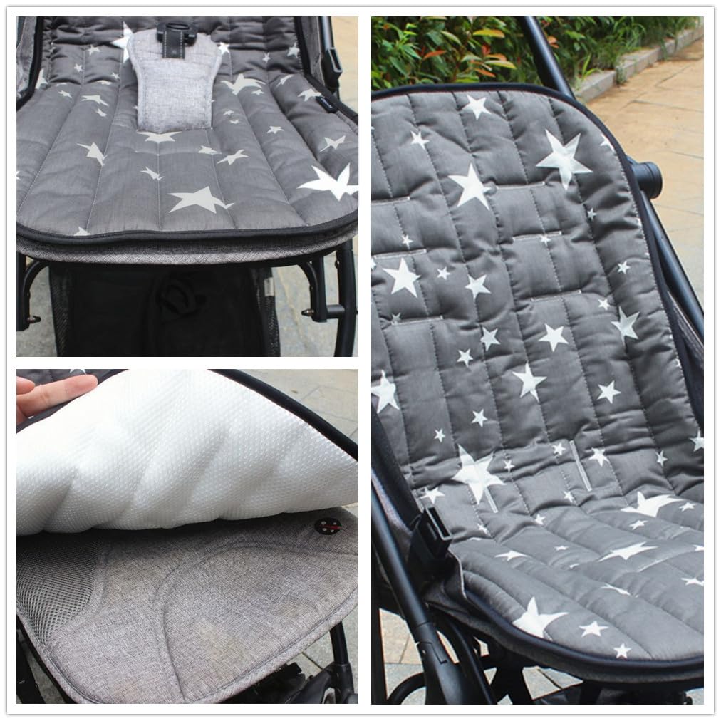Doublure de siège de poussette pour bébé - Coussin universel respirant pour poussette - Coussin de poussette en coton épais - Housse de siège pour voiture (étoiles grises)