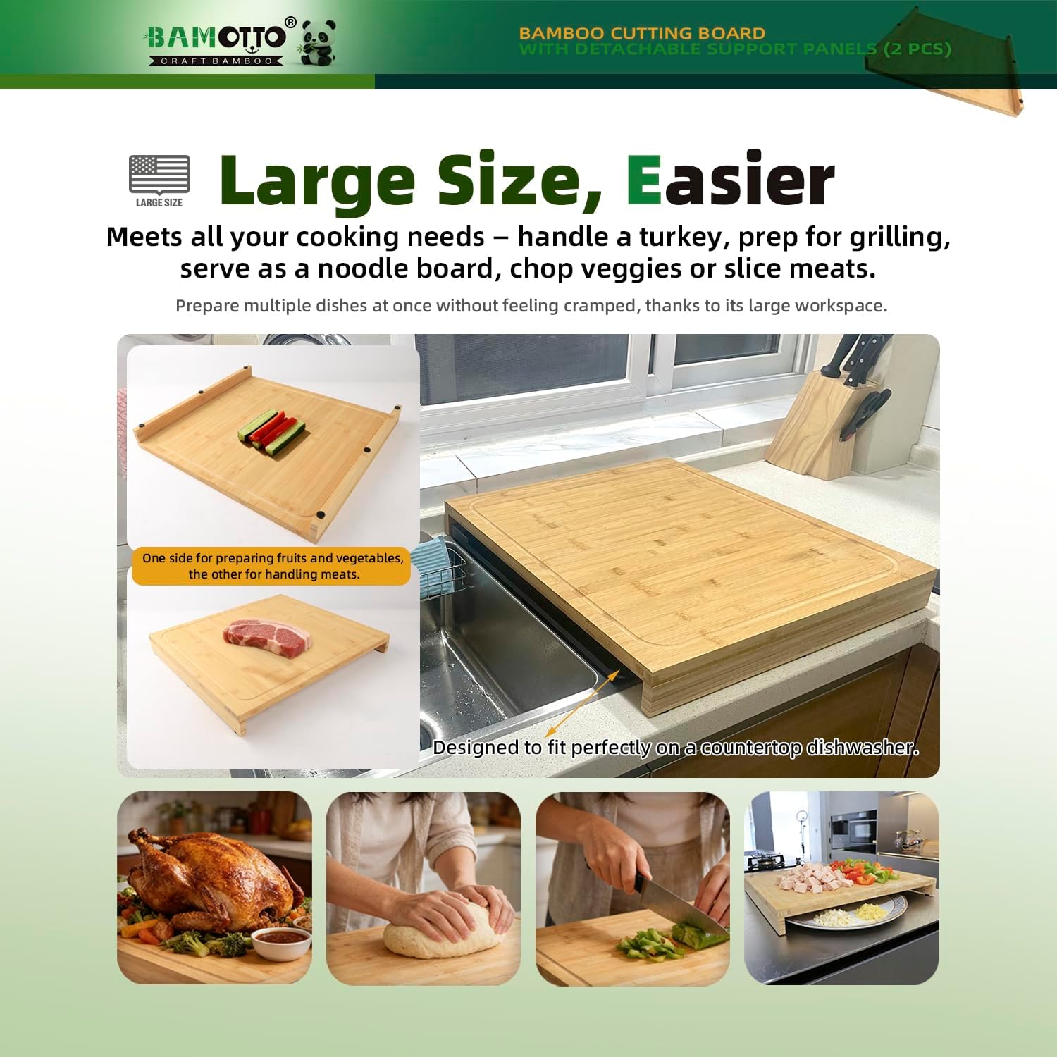 BAMOTTO CRAFTBAMBOO Extra Large 19.7x22 Inch Bamboo Cutting Board & Stovetop Cover, Over Sink Board, Countertop Dishwasher Lid with 2 Detachable Support Panels, Reversible Chopping Block