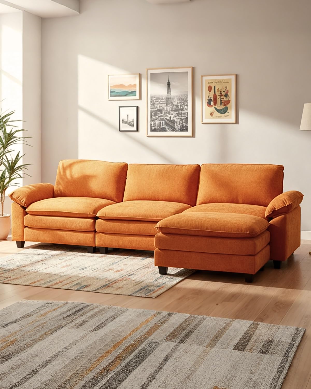 Karl home Sectional Sofa Modular Deep Seat Sofa Couch with Ottoman, Chenille Sofa Sleeper Comfy Upholstered Furniture for Living Room, Apartment,