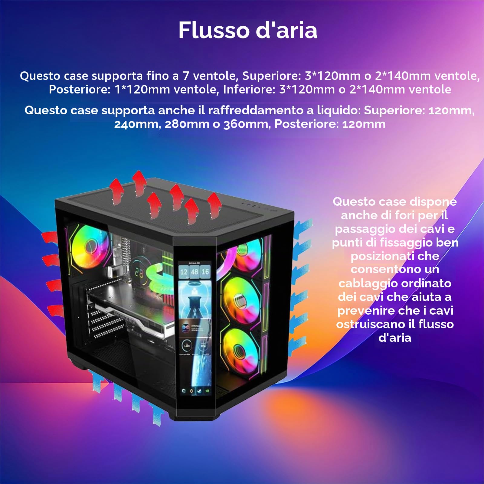 IONZ APEX Vision - Case per PC da gaming, ATX Mid Tower, doppia camera con 4 ventole ARGB PWM - Schermo LCD | Nero