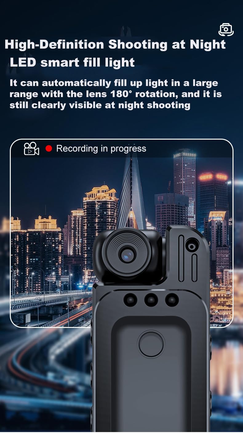 Körperkamera mit Audio-und Videoaufnahme,10 Stunden 2K,Mini-Polizei-Camcorder,Tragbar Outdoor-Videorecorder,180° Drehbarem Objektiv,Videokamera mit Nachtsicht,Bewegungserkennung,Persönlicher Bodycam