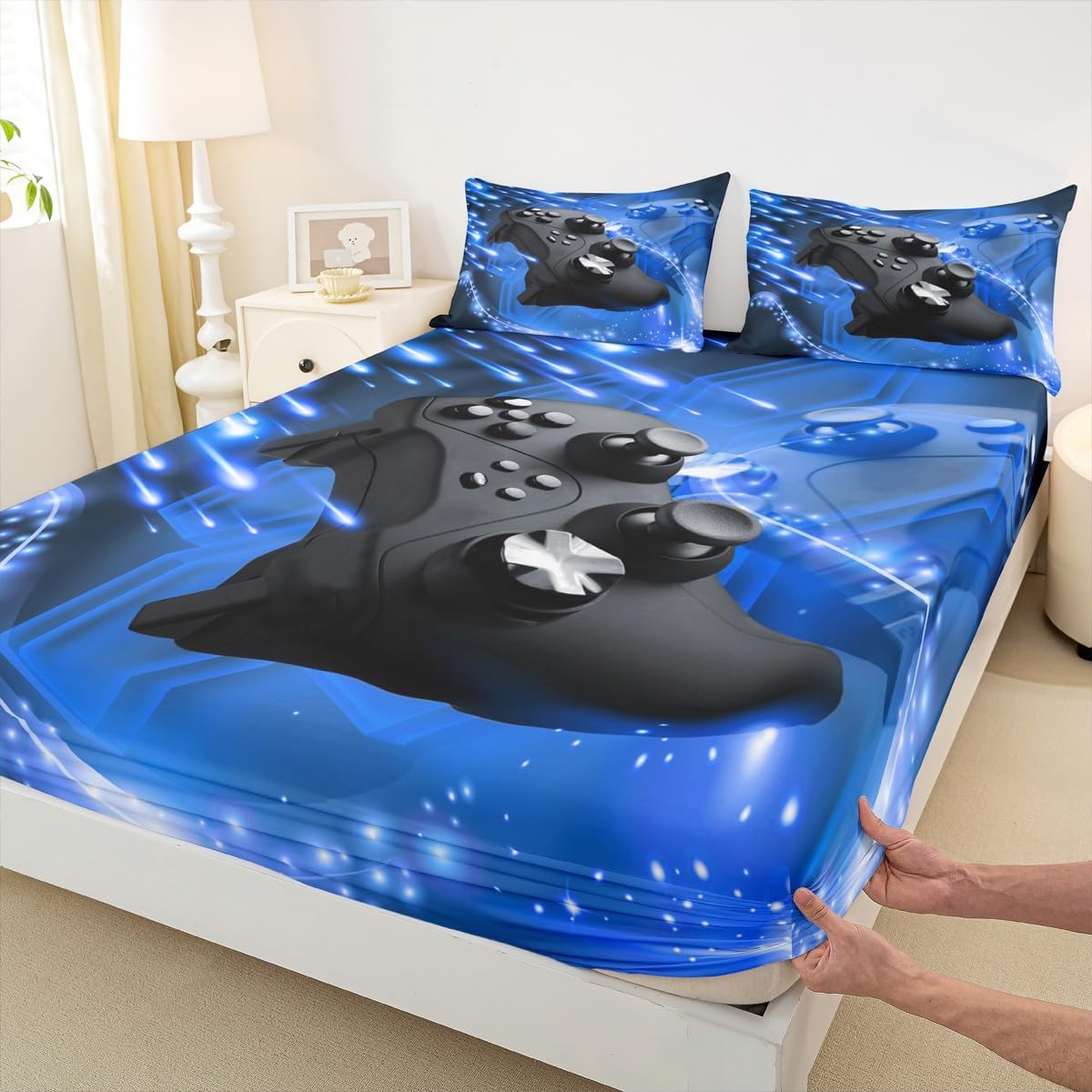 Erosebridal Teens Gamer Bedding Set, Kids Video Games Fitted Sheet Full, Gamepad Player Gaming Bed Set for Boys Girl Youth, Joystick Novelty Game Bed Cover for Bedroom Living Room, Blue(No Top Sheet) image 4
