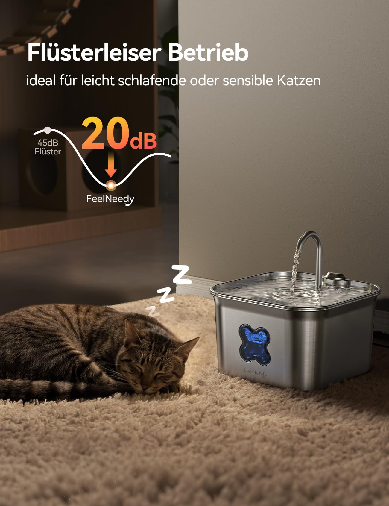 FEELNEEDY Katzenbrunnen Edelstahl, 2,8L Trinkbrunnen für Katze mit Kabel, Einfach zu Reinigen, katzenbrunnen mit Vierfaches Filtersystem & LED-Licht, Ultraleise, Spülmaschinenfest