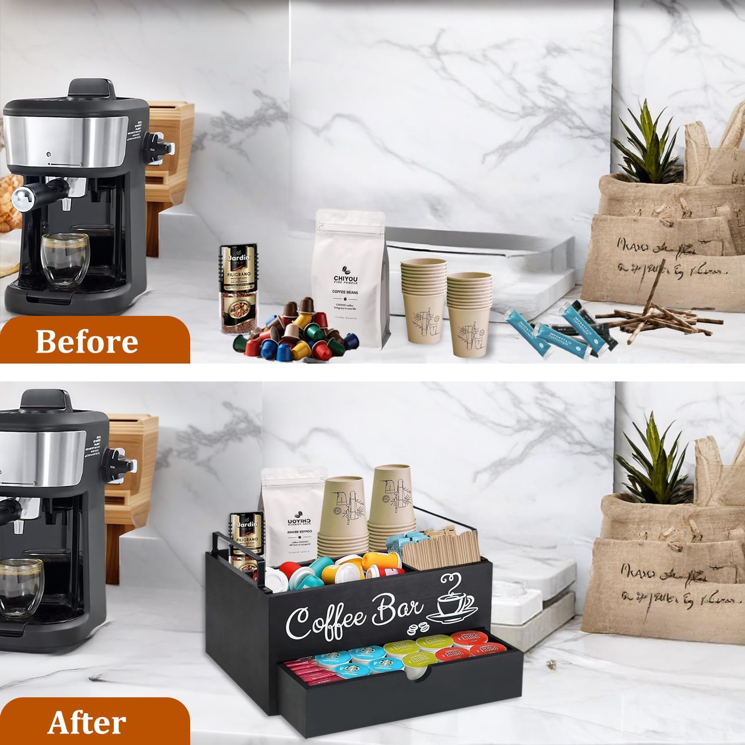 Wood Coffee Bar Organizer with Handle, Coffee Station for Countertop, Bar Station Accessories for Decor, 5 Countertop Storage Accessories Tea Bag Organizer (Double-Deck)