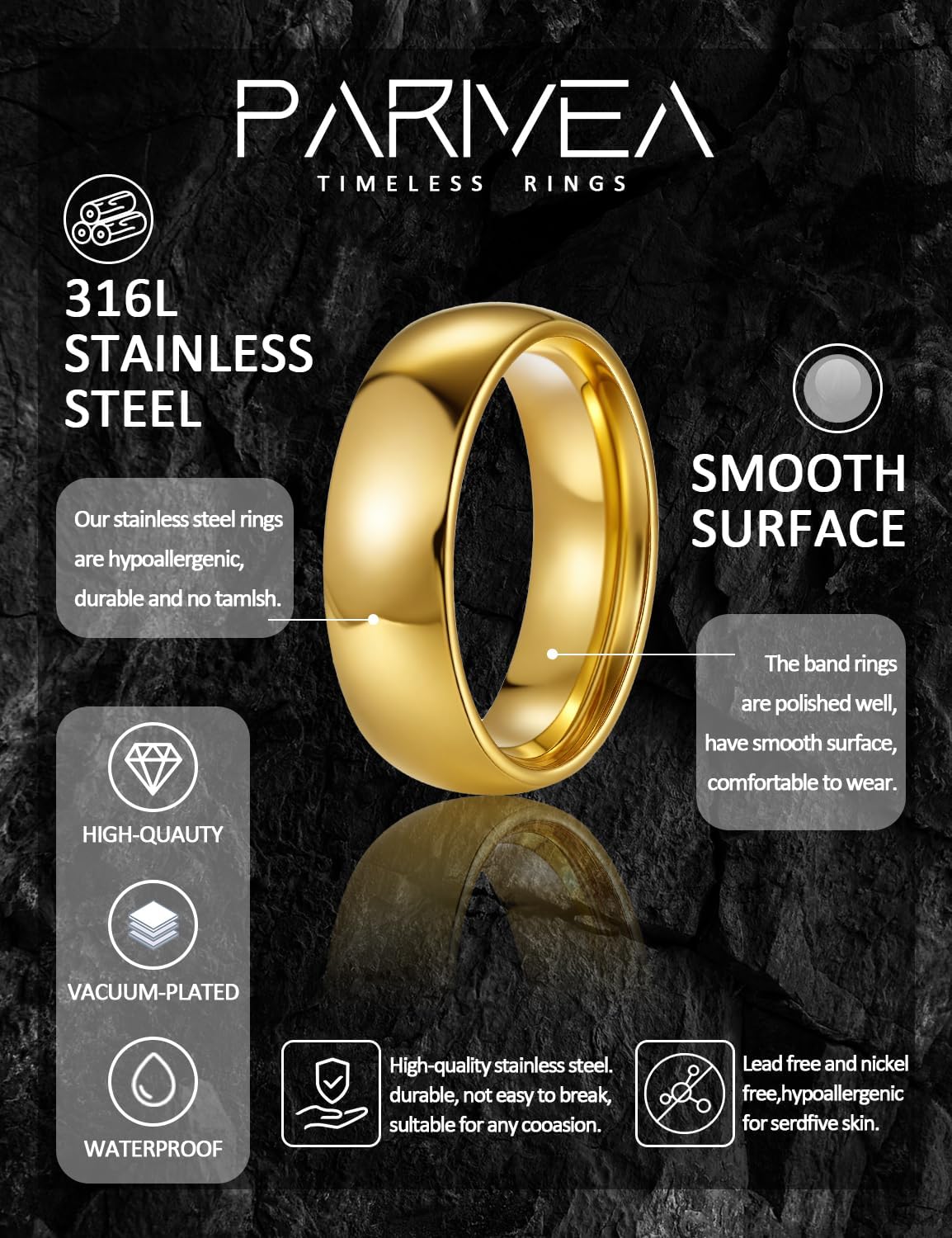 Stainless Steel Rings for Men Women Gold Plated Wedding Band Rings 4MM 6MM 8MM Domed High Polished Mens Ring Comfort Fit 6-13 - Image 2