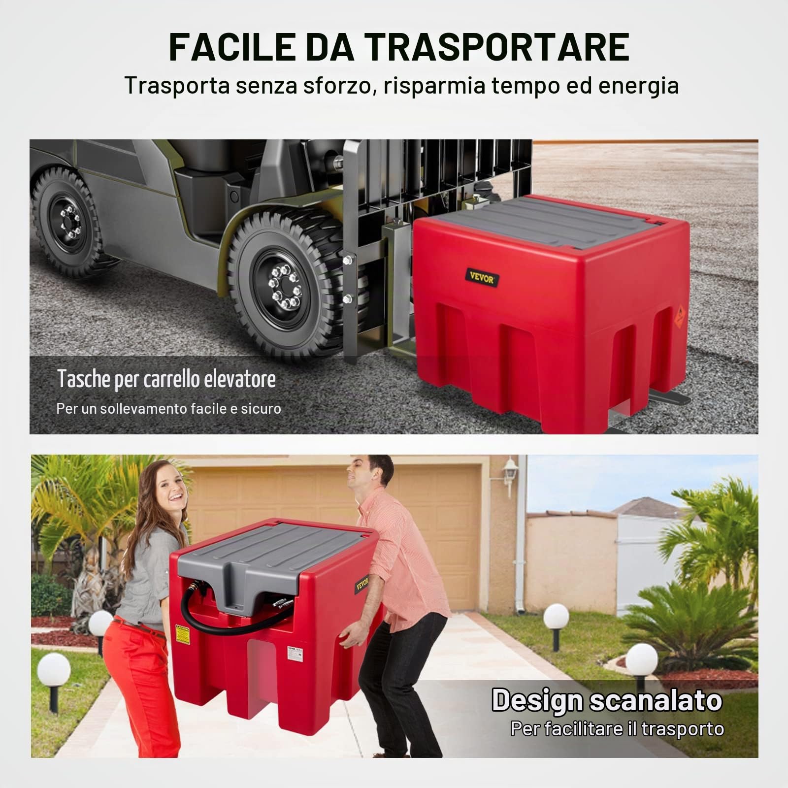 VEVOR Serbatoio per Diesel Portatile Capacità 220 Litri Portata 10,6 GPM, Serbatoio per Carburante con Pompa di Trasferimento Elettrica da 12 V Tubo in Gomma 3,9 m, Rosso