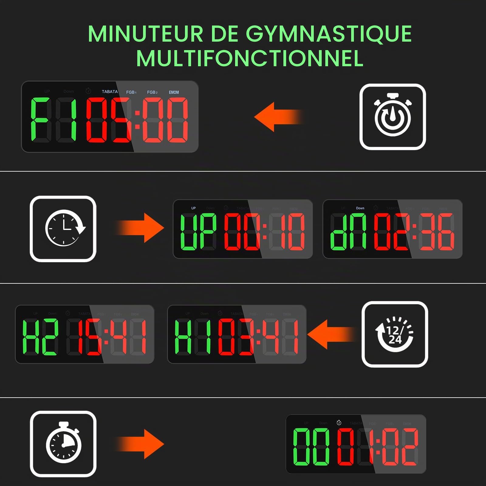 Timer Sport Grand Minuteur Fitness D'intervalle LED Chronomètre Compte à Rebours Count Up