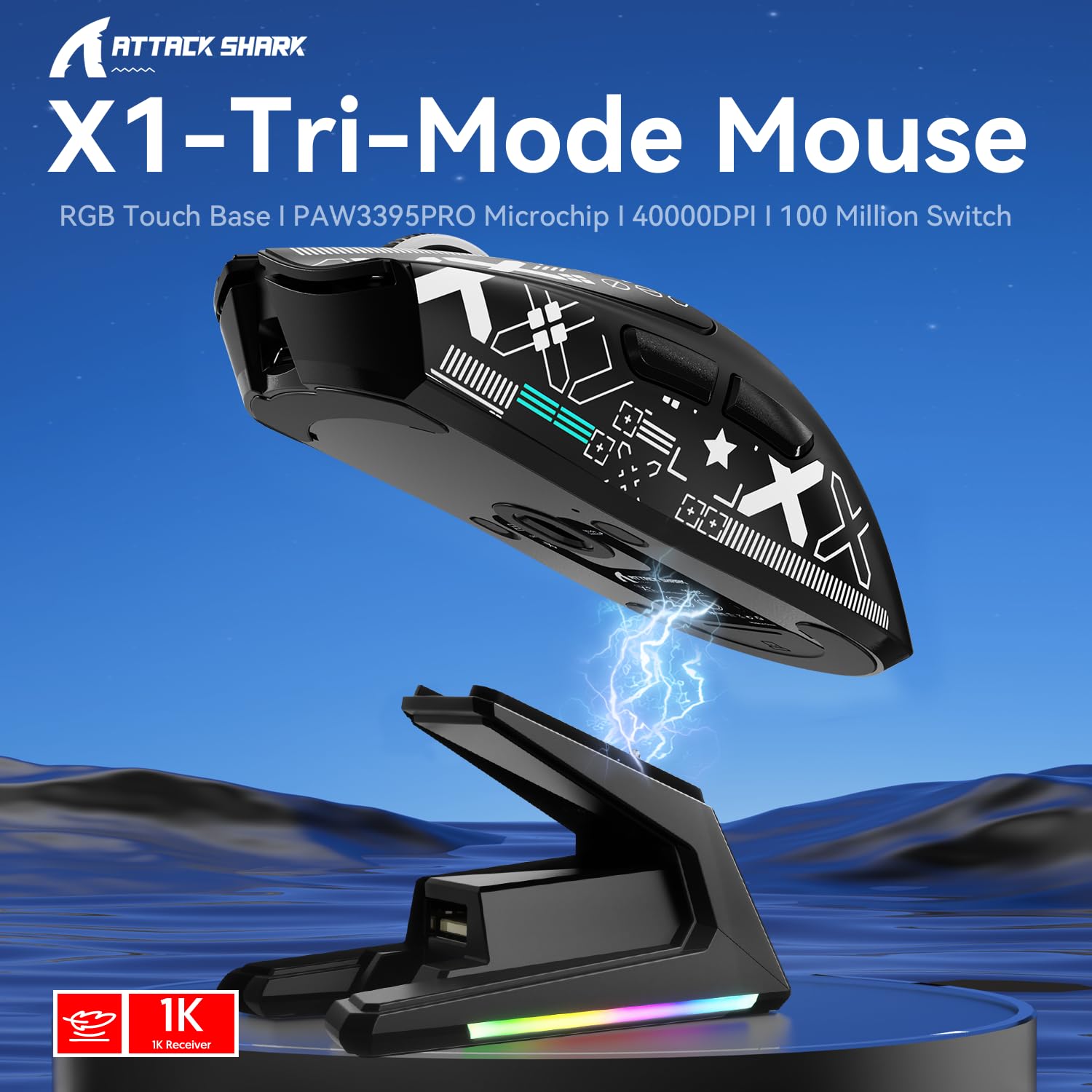 ATTACK SHARK X1 Gaming Mouse with Touchpad RGB Charging Dock, PixArt PAW3395PRO Gaming Sensor, BT/2.4G Wireless/Wired Gaming Mouse with Grip Tape, 40000 DPI, 53g Superlight Gamer Mice (Black)