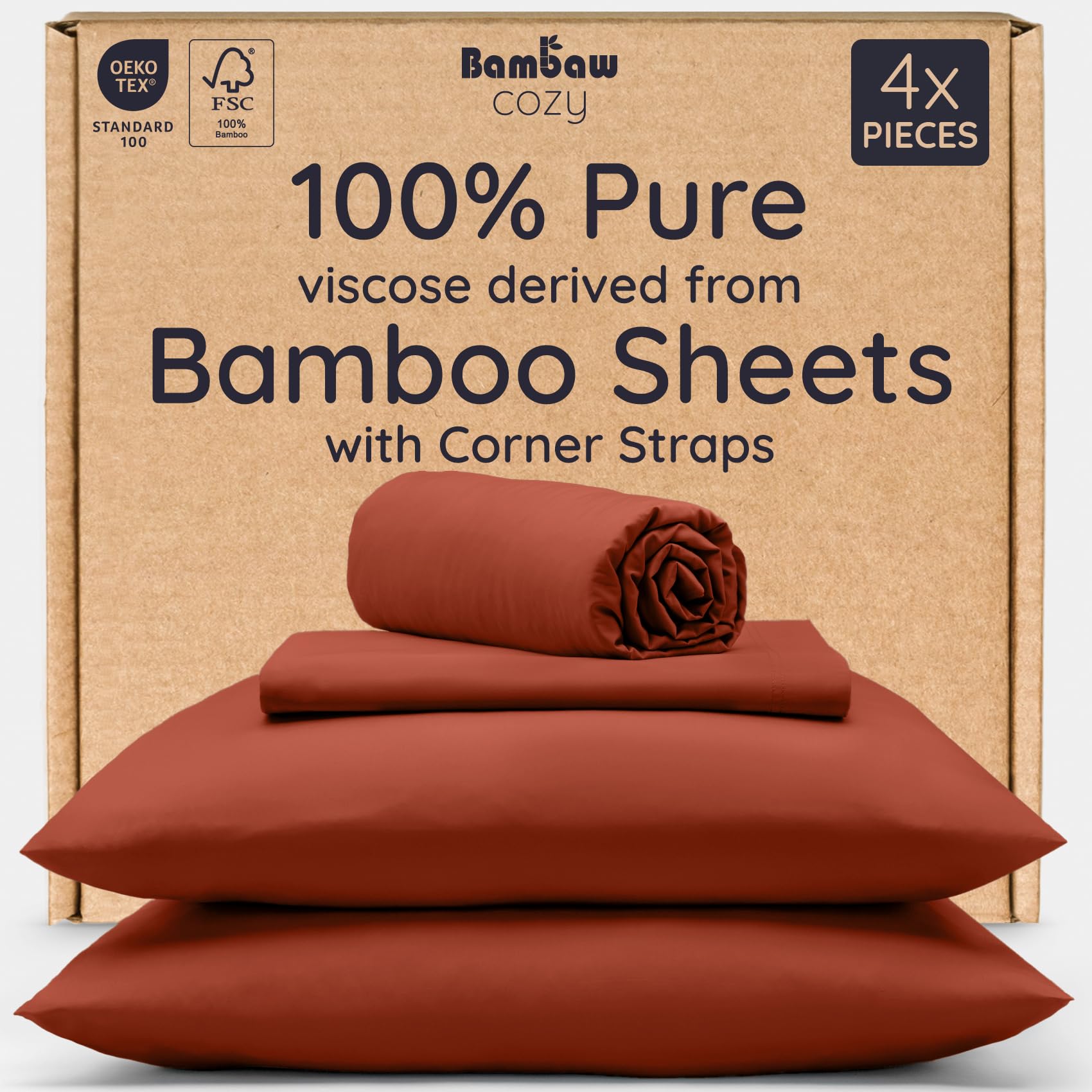 bambaw 100% viscose derived from bamboo sheets queen size set - 4pcs cooling sheets queen, luxury bedding, soft & breathable, deep pocket fits up to 16'' mattresses (terracotta)