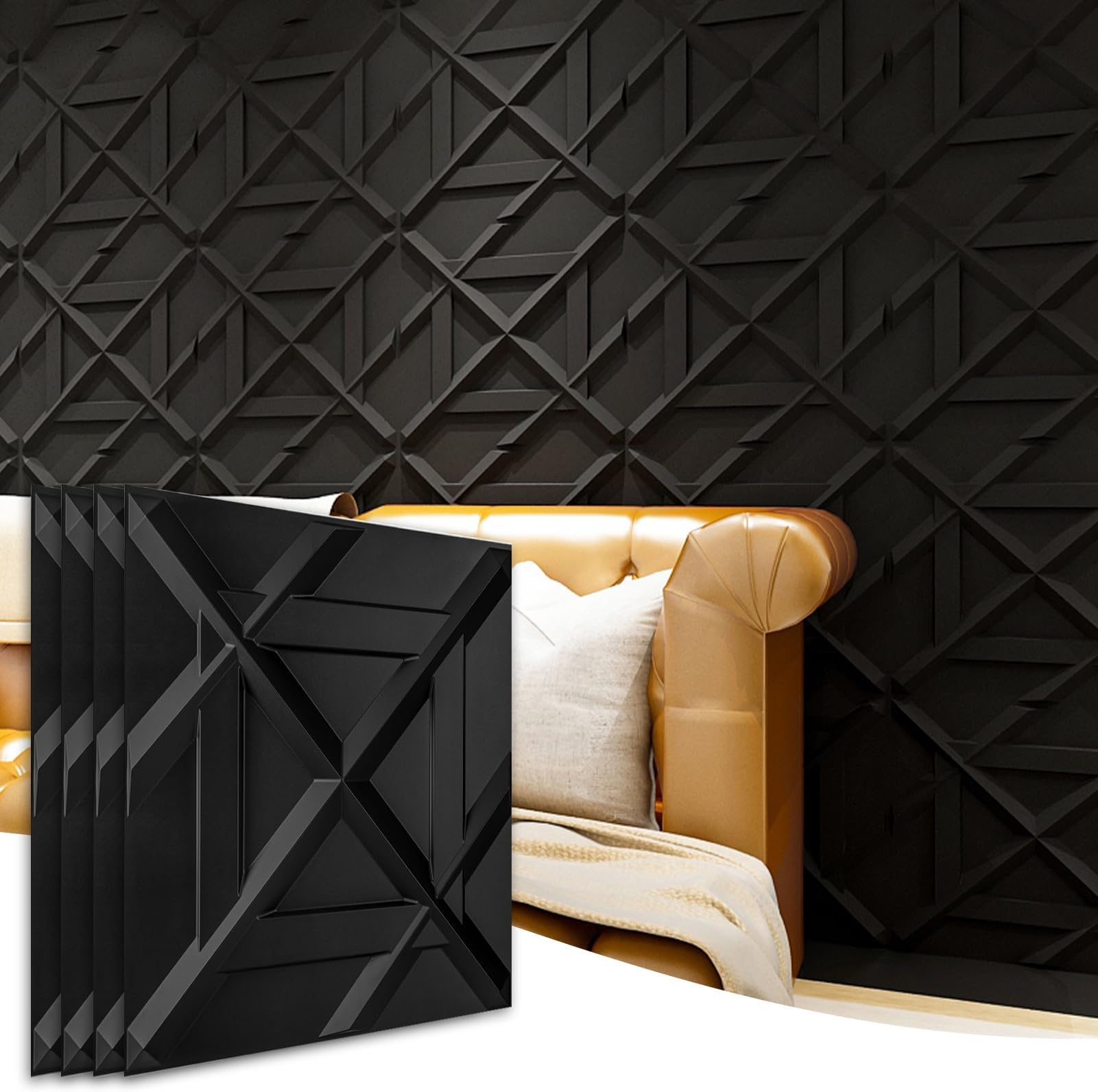 PVC 3D Wall Panel, Decorative Wall Tile in Black 12-Pack 19.7"x19.7"