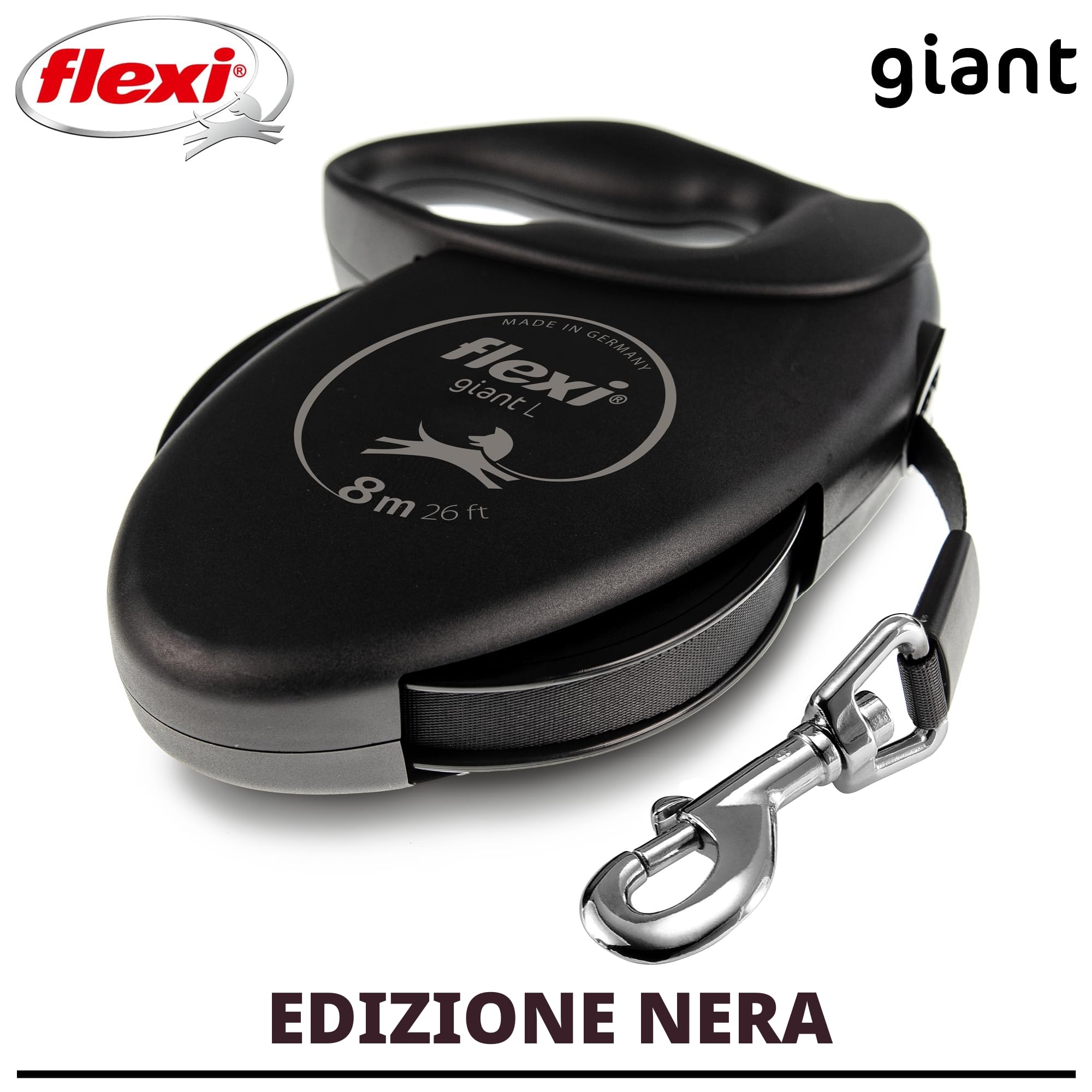 FLEXI - Guinzaglio Giant L Nastro 8 m - Cintura Robusta - Impugnatura Ergonomica Morbida - Custodia Moderna - Moschettone Solido - Per Cani Robusti Fino a 50 kg - Nero